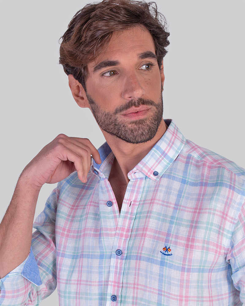 Serie 56183 Camisa algodón cuadros cuello botón