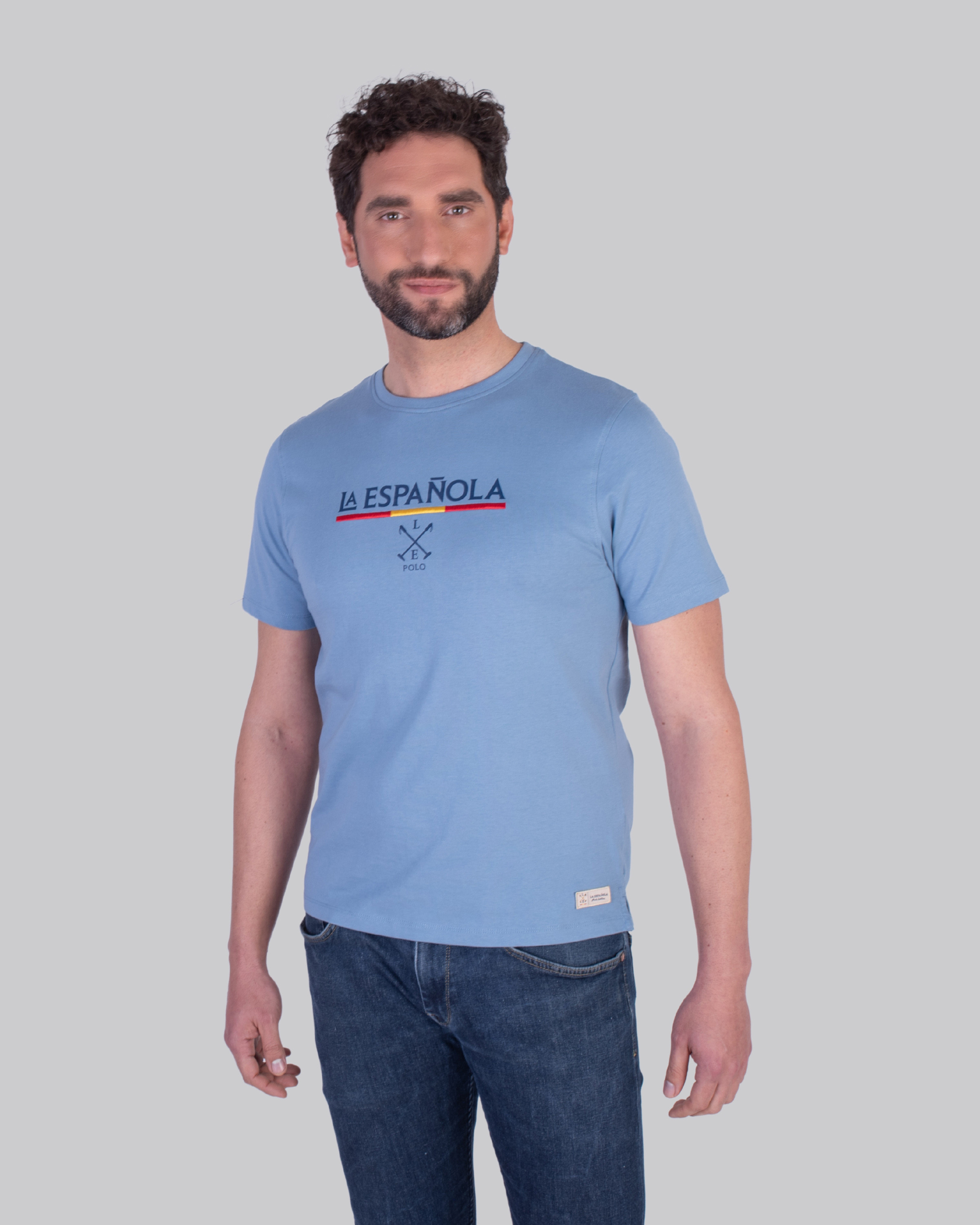Camiseta algodón bordada y estampada pecho azul serie 10859