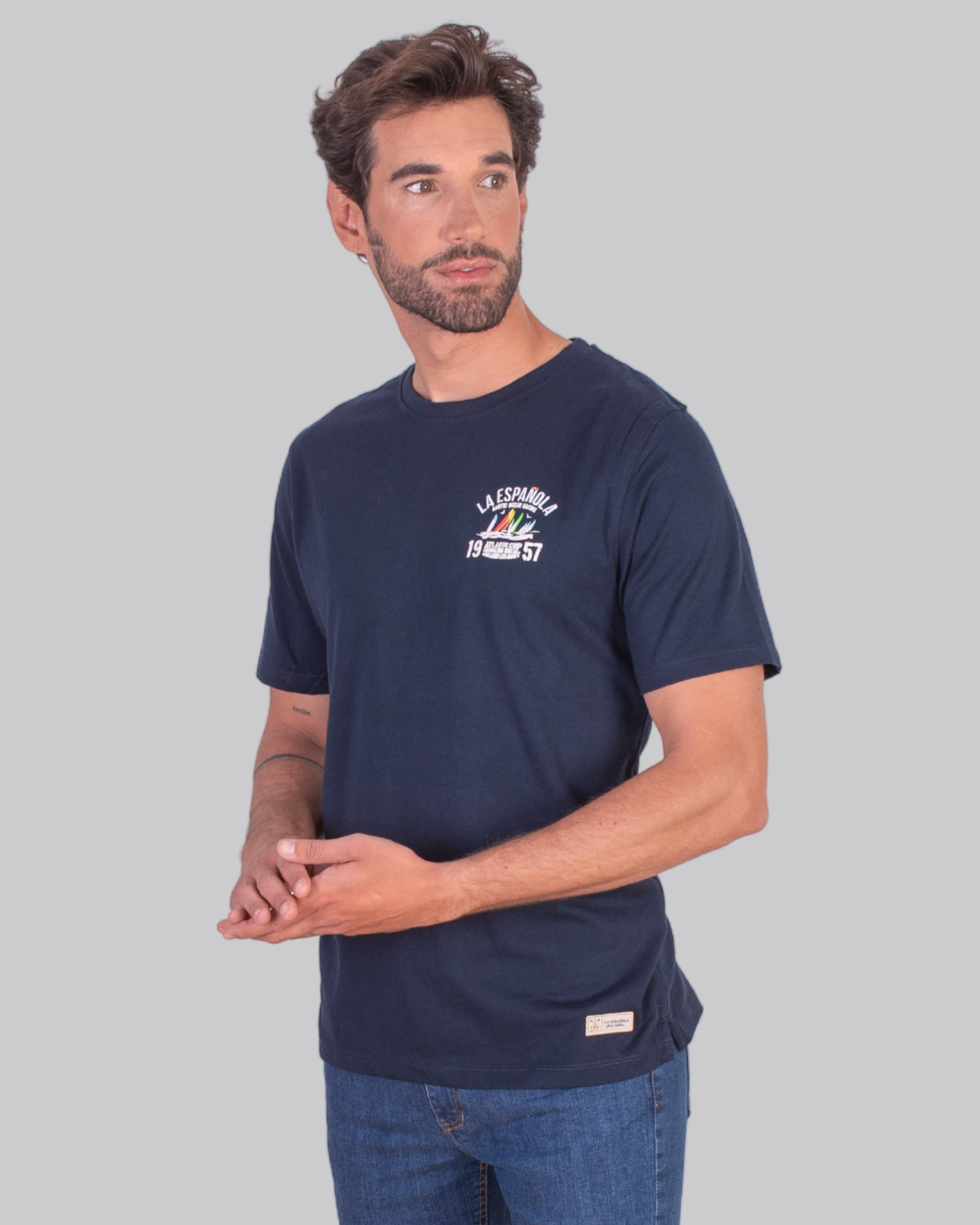 Camiseta algodón estampada en pecho y espalda marino serie 10855