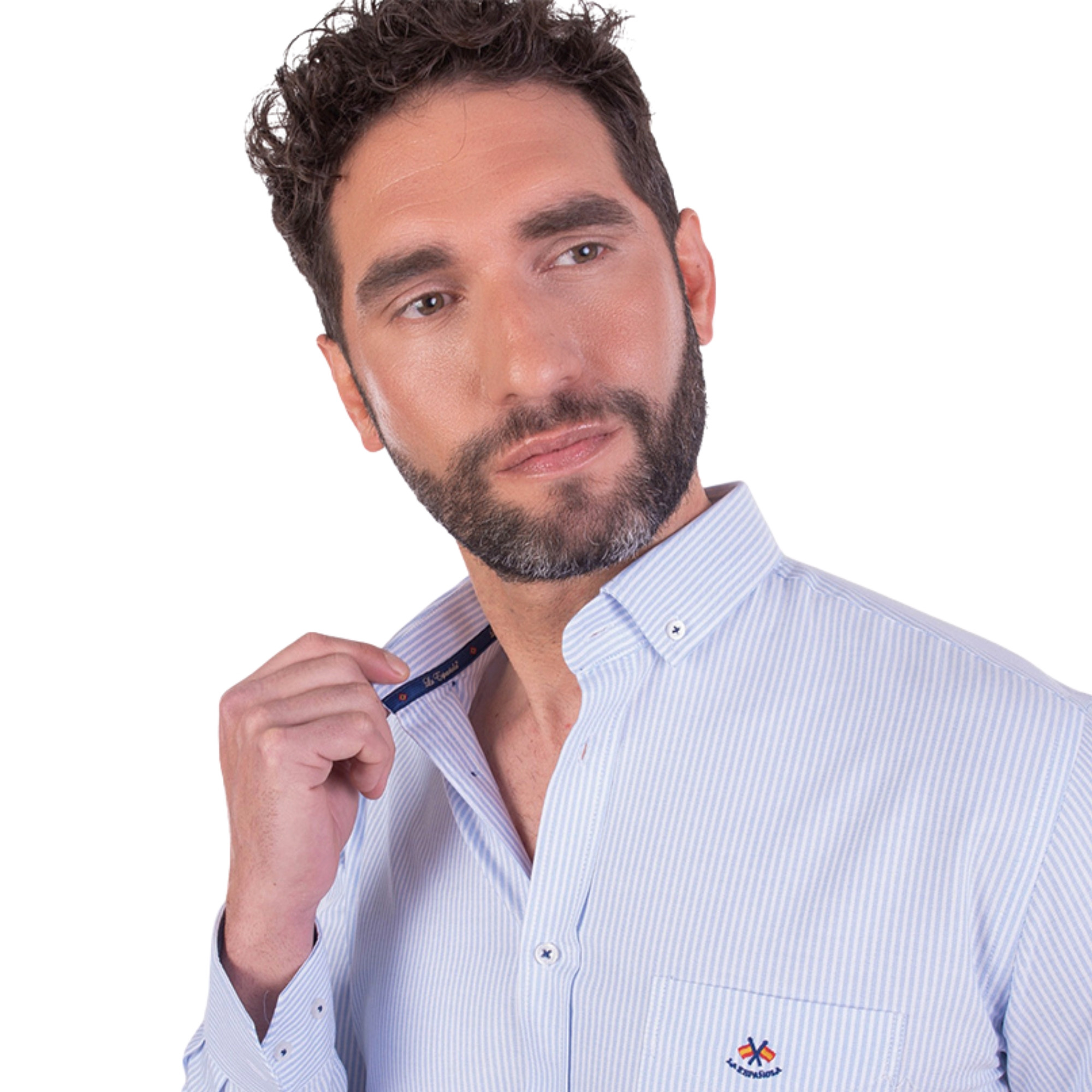 Serie 36399 Camisa regular tejido oxford rayas con bolsillo color celeste