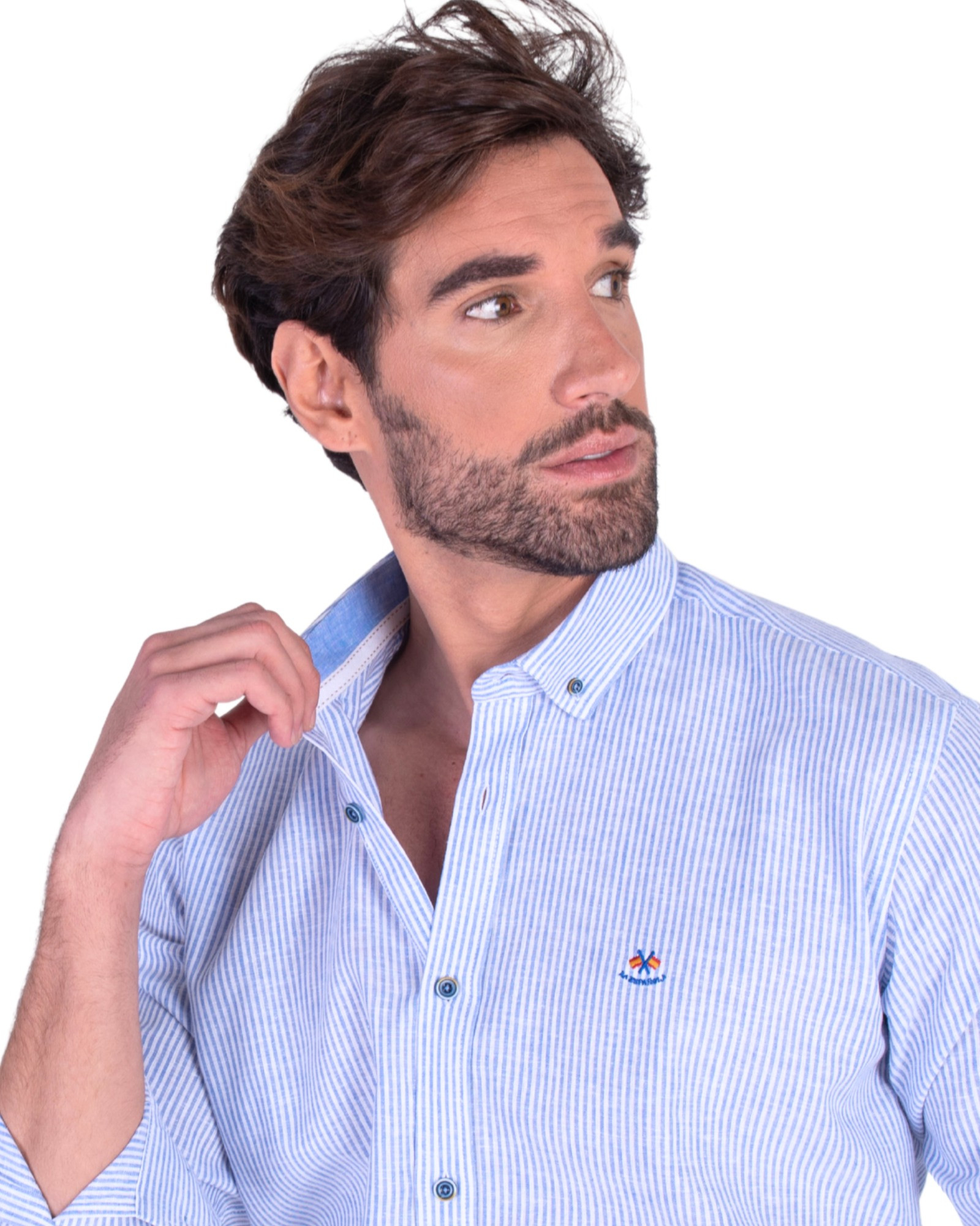 Serie 56174 Camisa algodón-lino rayas cuello botón color azul