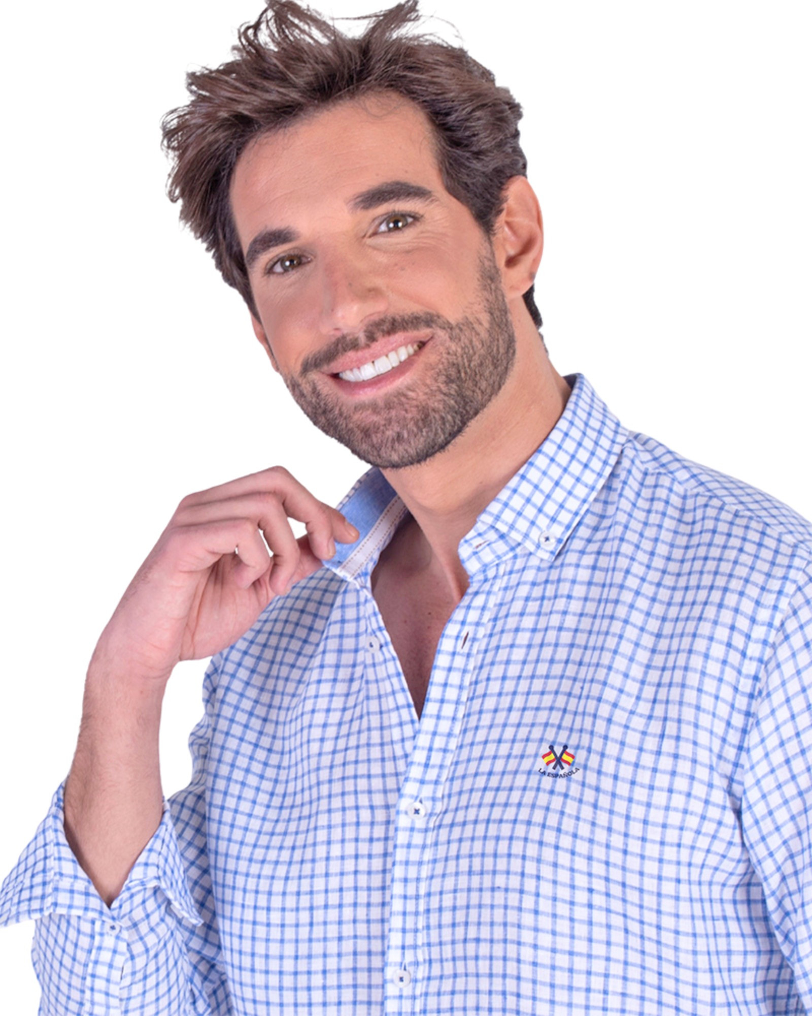 camisa algodón-lino cuadros cuello botón serie 56258 azul