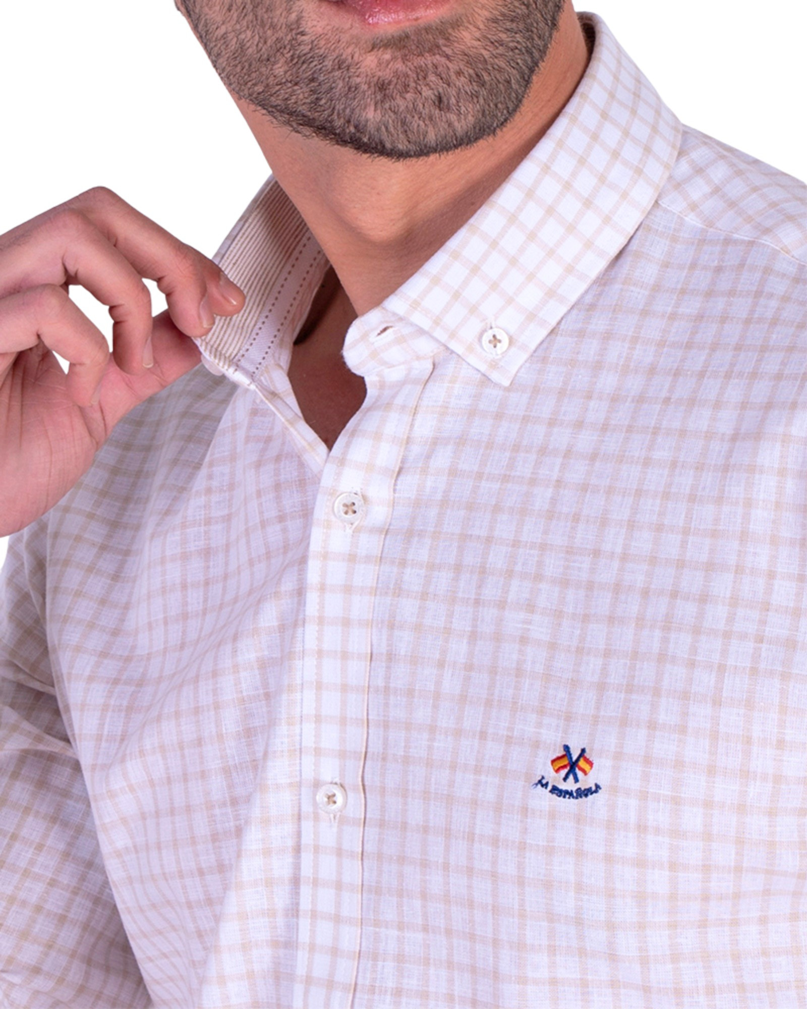 Camisa algodón-lino cuadros con cuello botón serie 56258 tostádo