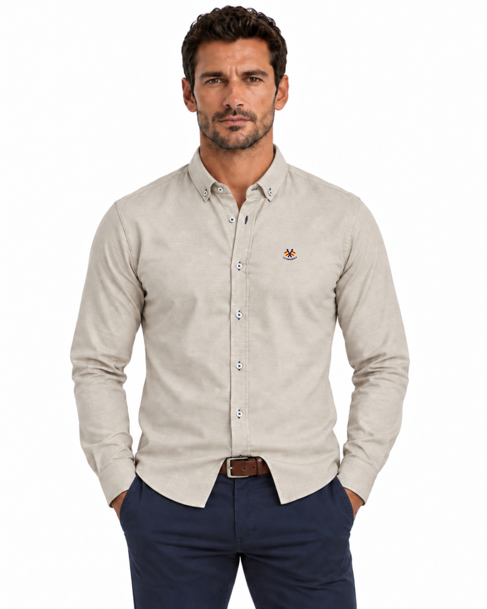 Camisa oxford lisa cuello botón serie 55505 piedra
