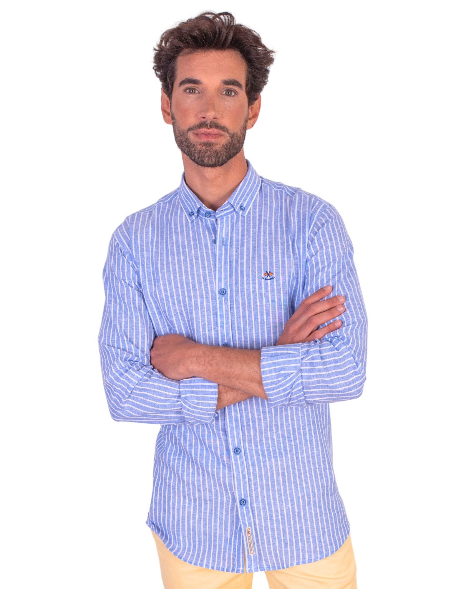 Serie 56178 Camisa algodón-lino rayas cuello botón color azul