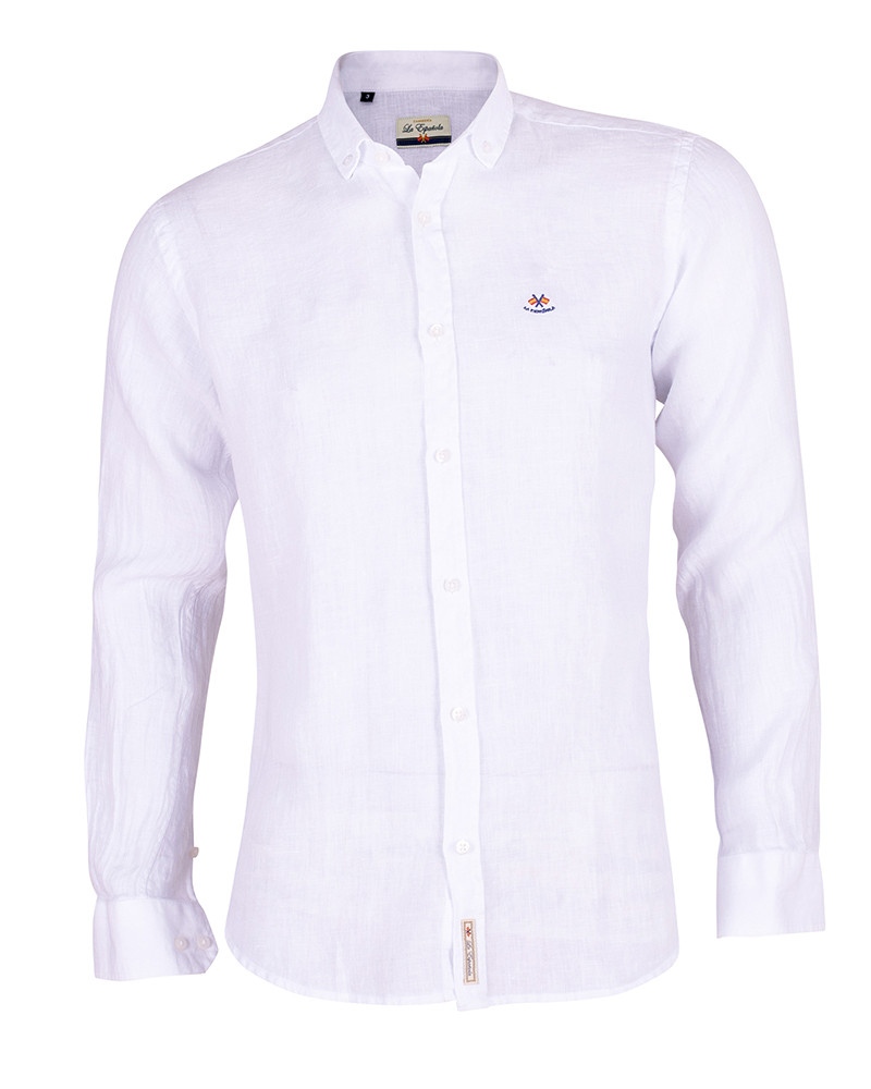 Camisa lino lisa cuello botón serie 56143 blanco
