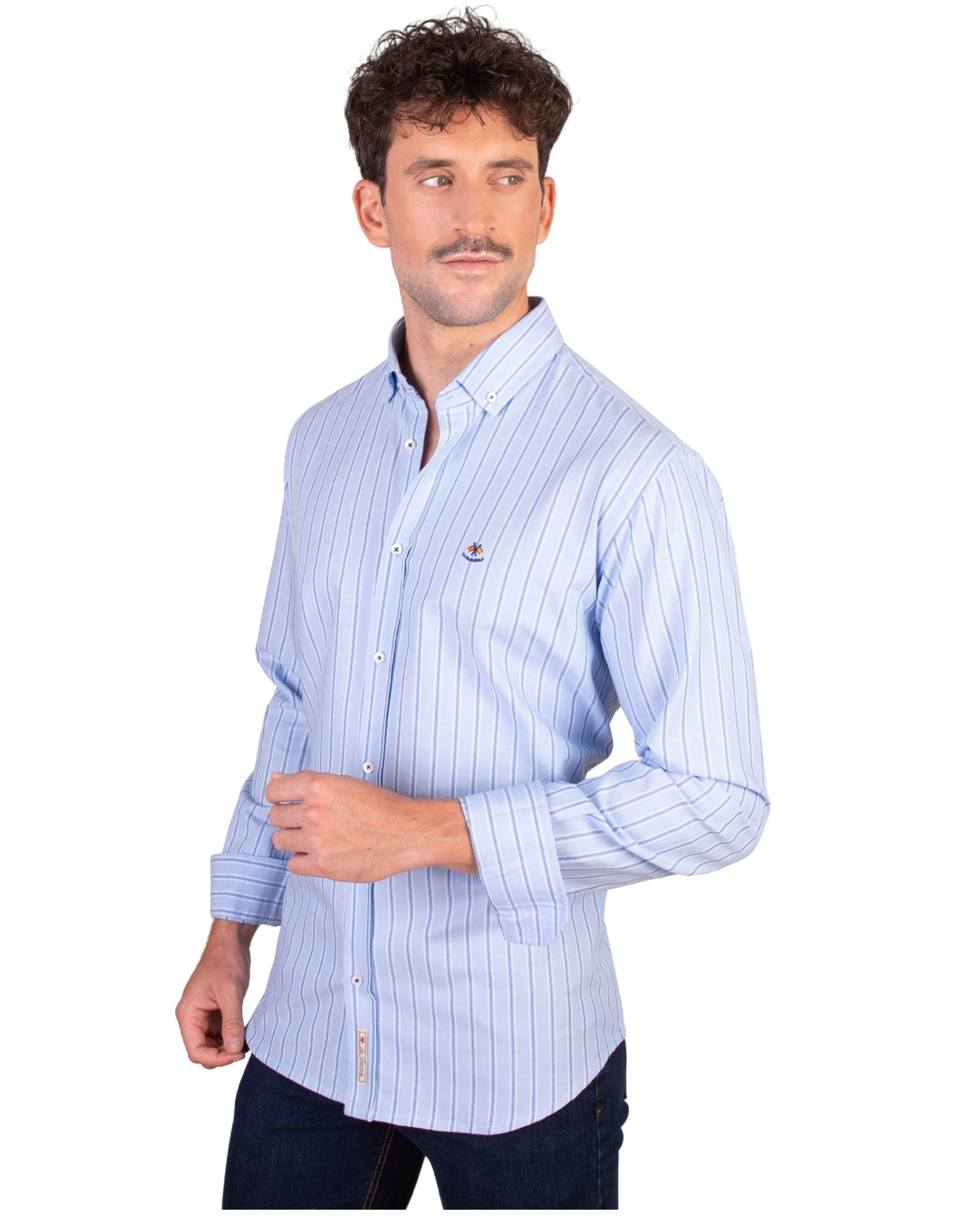 Serie 56328 Camisa algodón oxford rayas cuello botón color azul