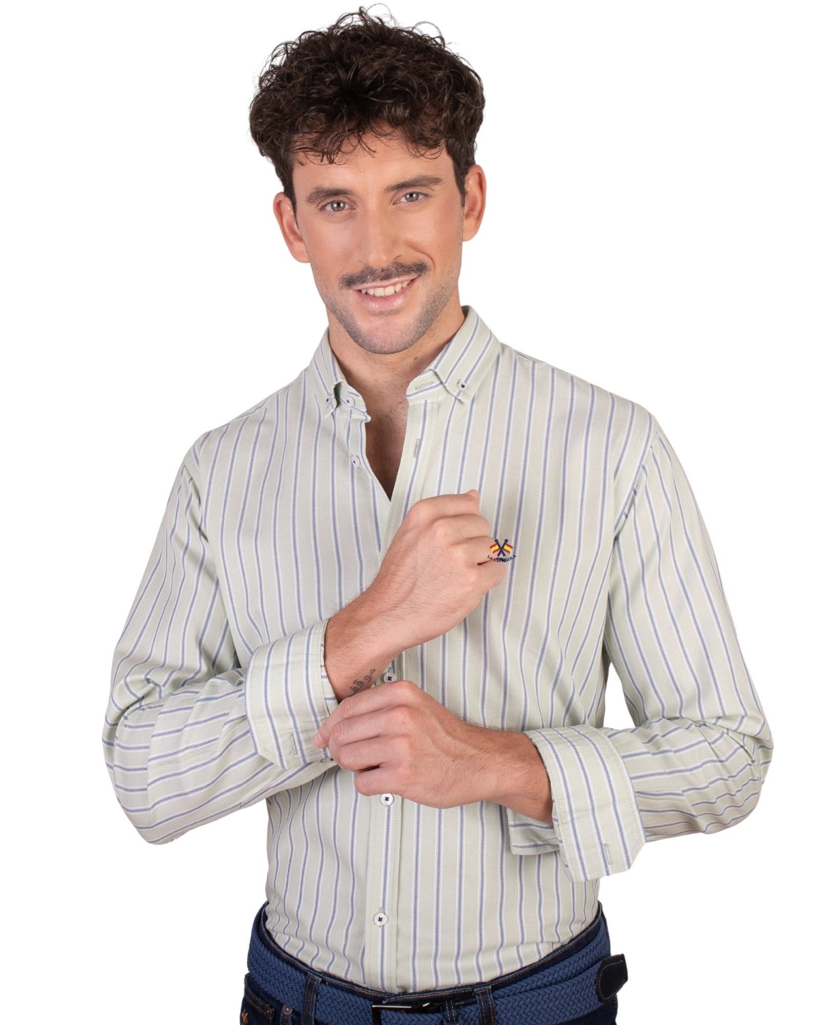 Serie 56400 Camisa algodón oxford rayas cuello botón color verde