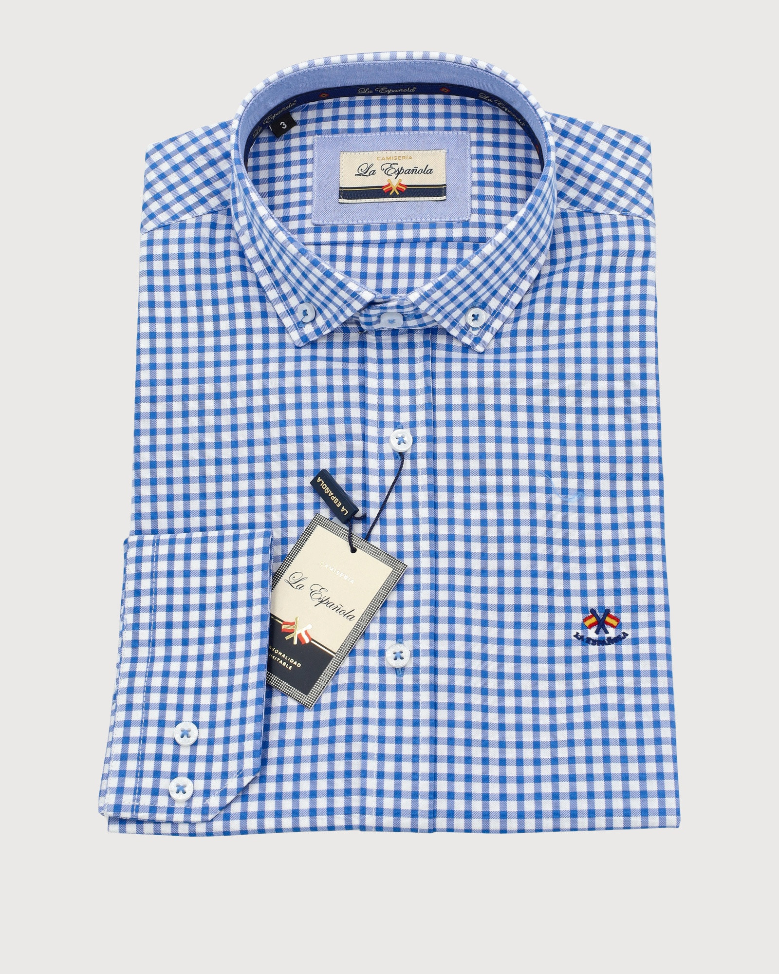 Serie 56403 Camisa algodón cuadros vichy cuello botón color 5 azul