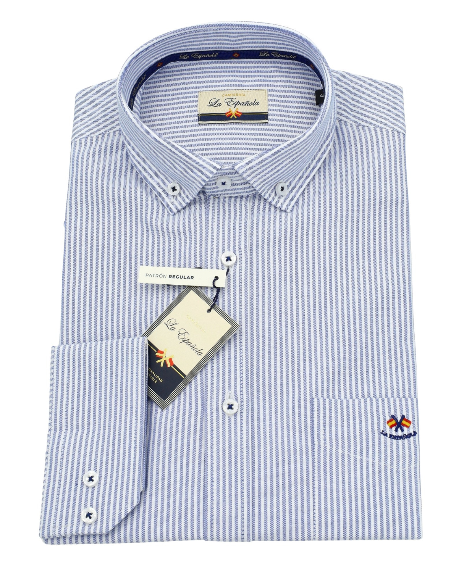 camisa regular oxford rayas con bolsillo cuello botón serie 36399 azul