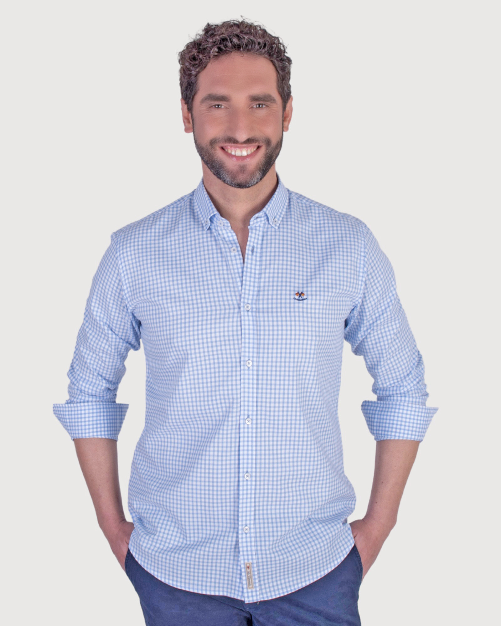 Serie 56403 Camisa algodón cuadros vichy cuello botón color 1 azul