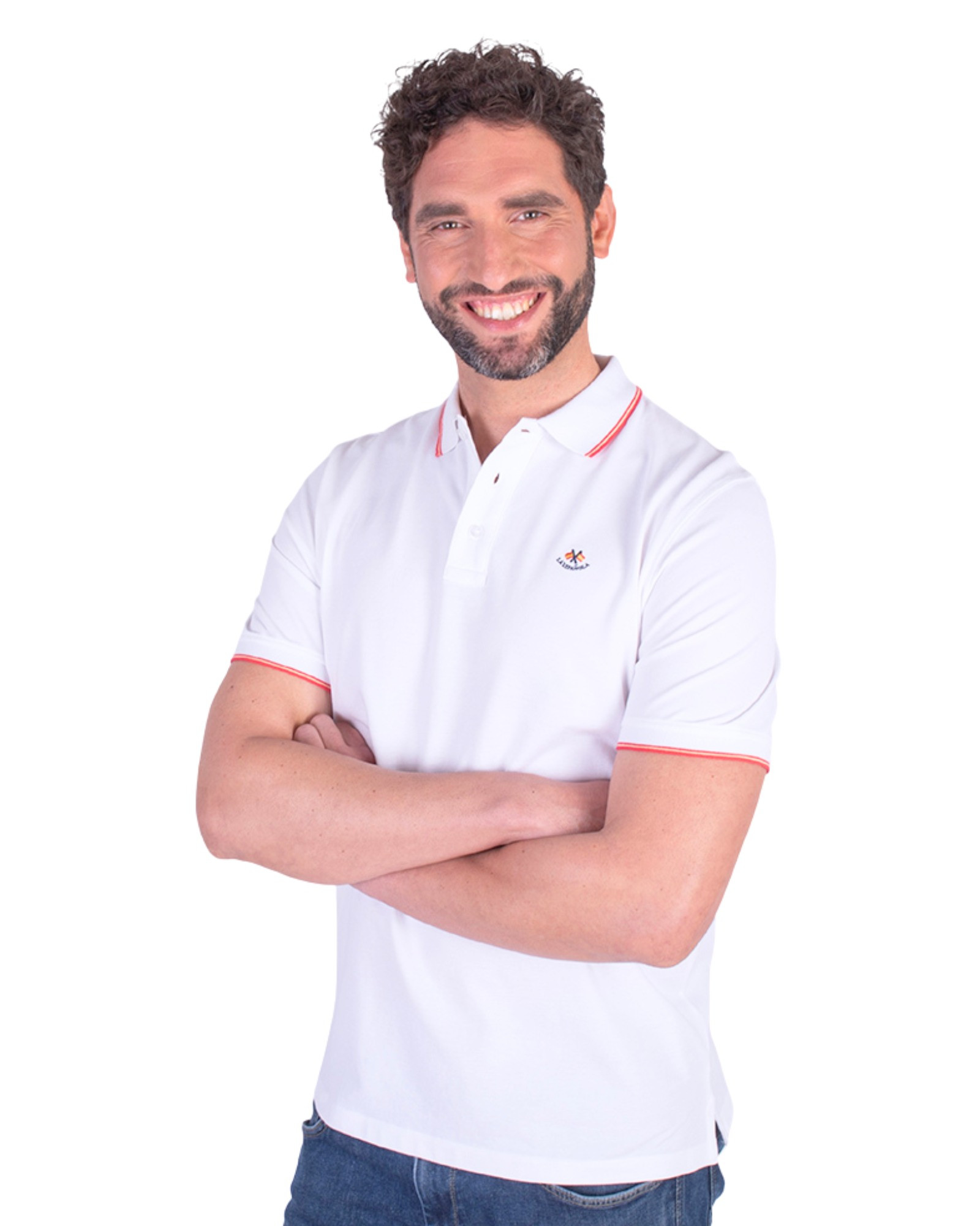 Serie 10954 Polo algodón básico con bandera en cuello color blanco