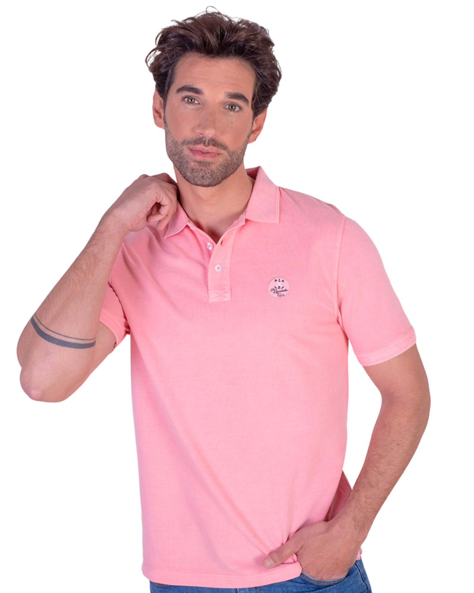 Serie 10869 Polo algodón lavado manga corta con parche en el pecho color rosa