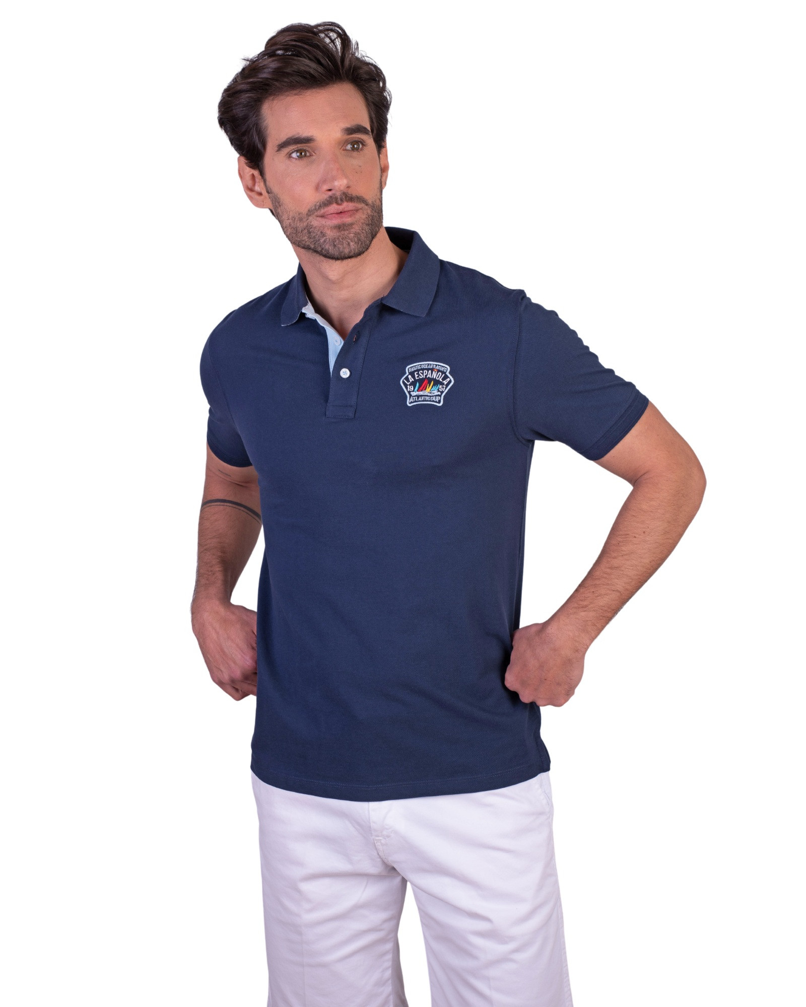 Polo algodón manga corta liso con parche en el pecho marino Serie 10871