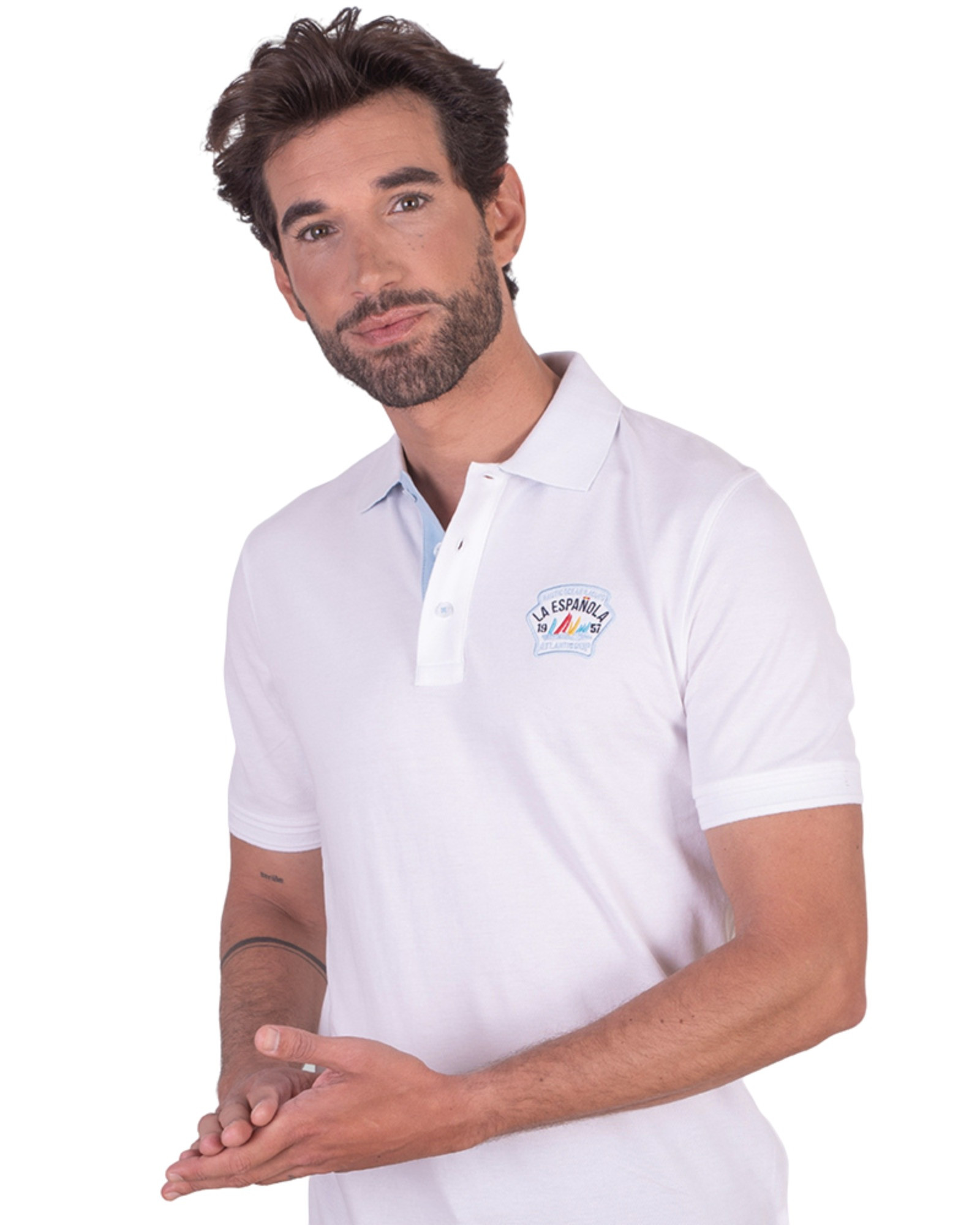 Serie 10871 Polo algodón manga corta liso con parche en el pecho color blanco