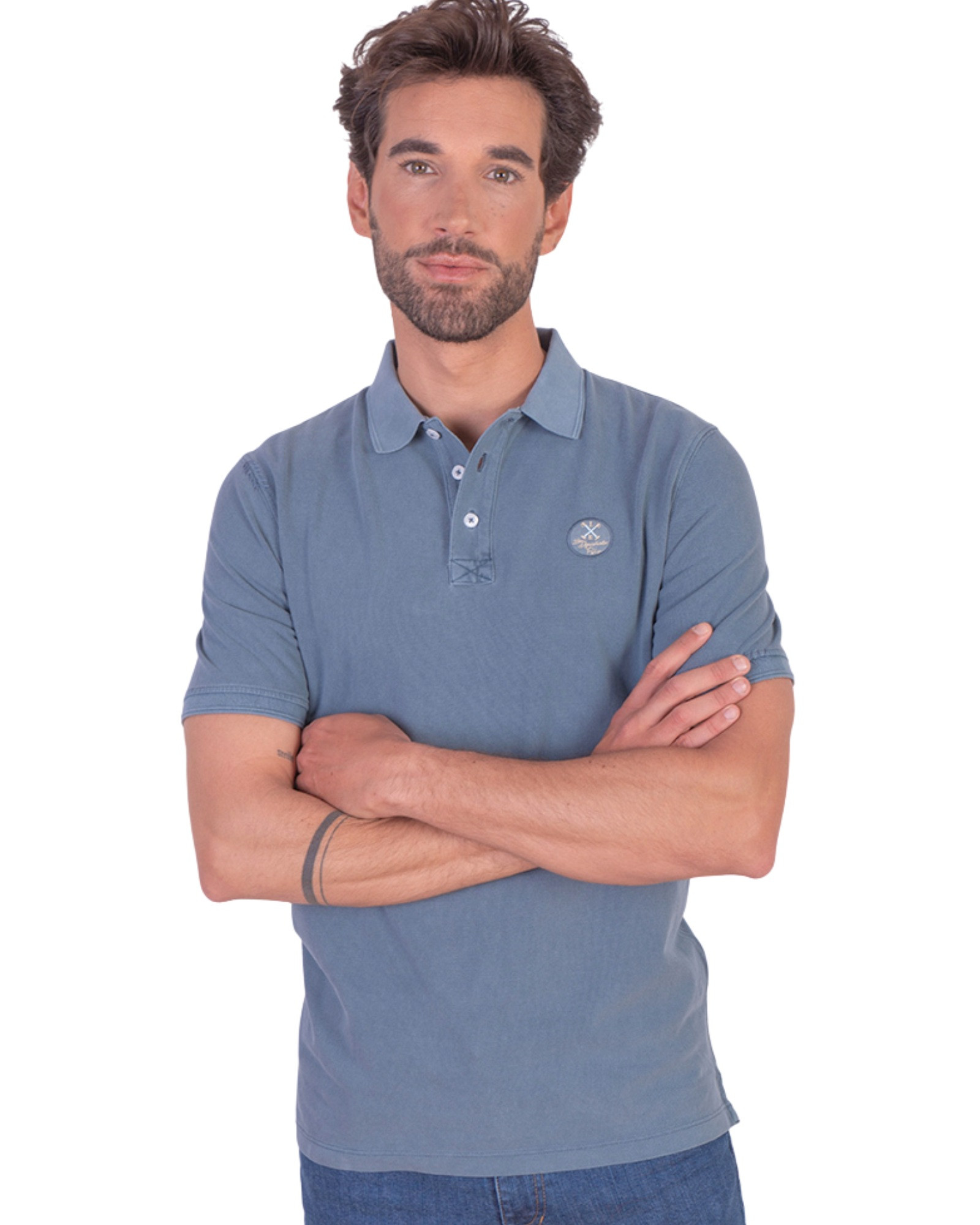 Serie 10869 Polo algodón lavado manga corta con parche en el pecho color petroleo