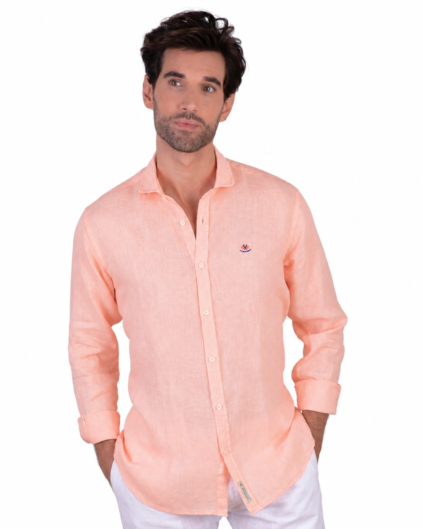 Camisa lino lisa cuello italiano serie 56143 salmon