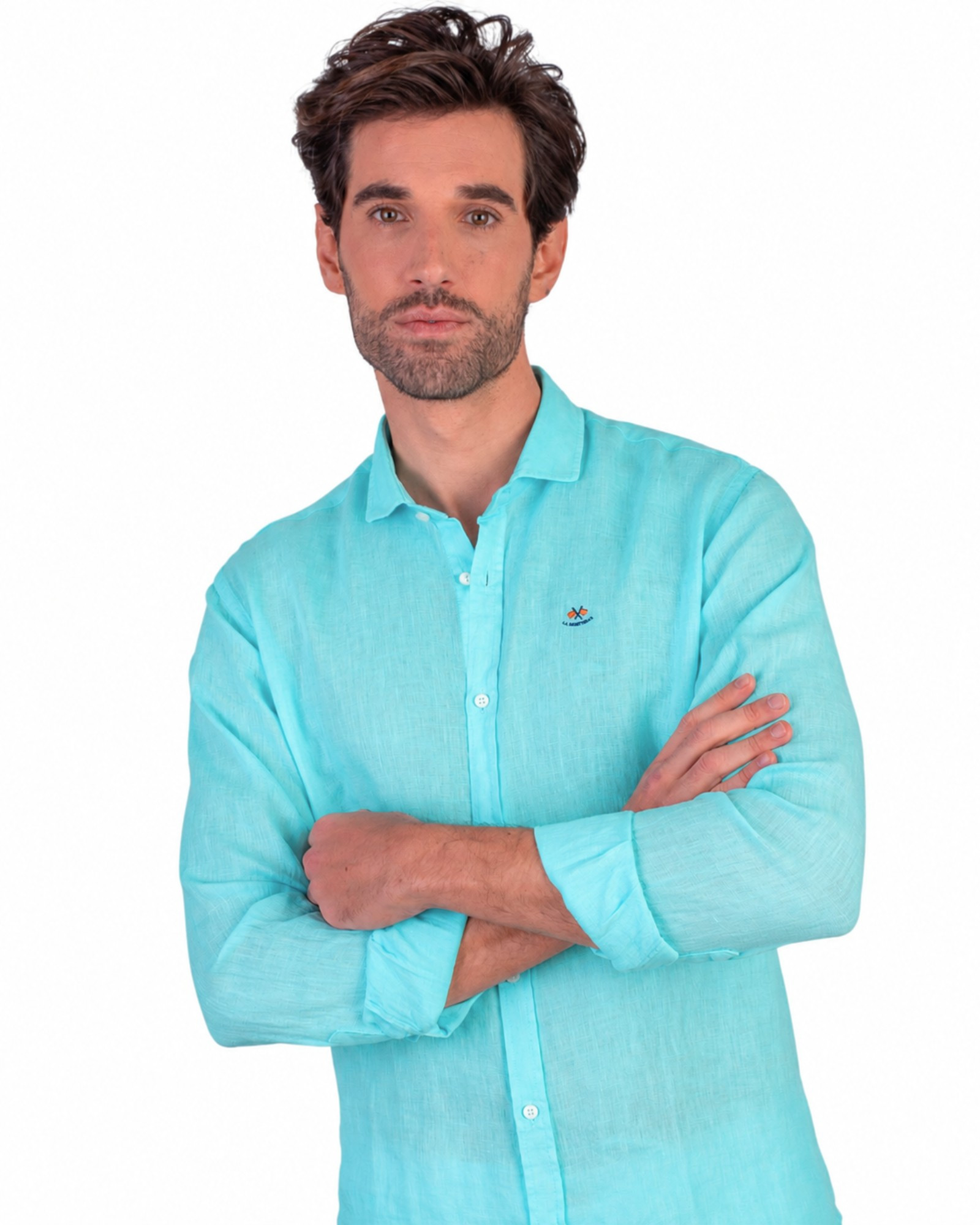 Camisa lino lisa cuello italiano serie 56143 turquesa
