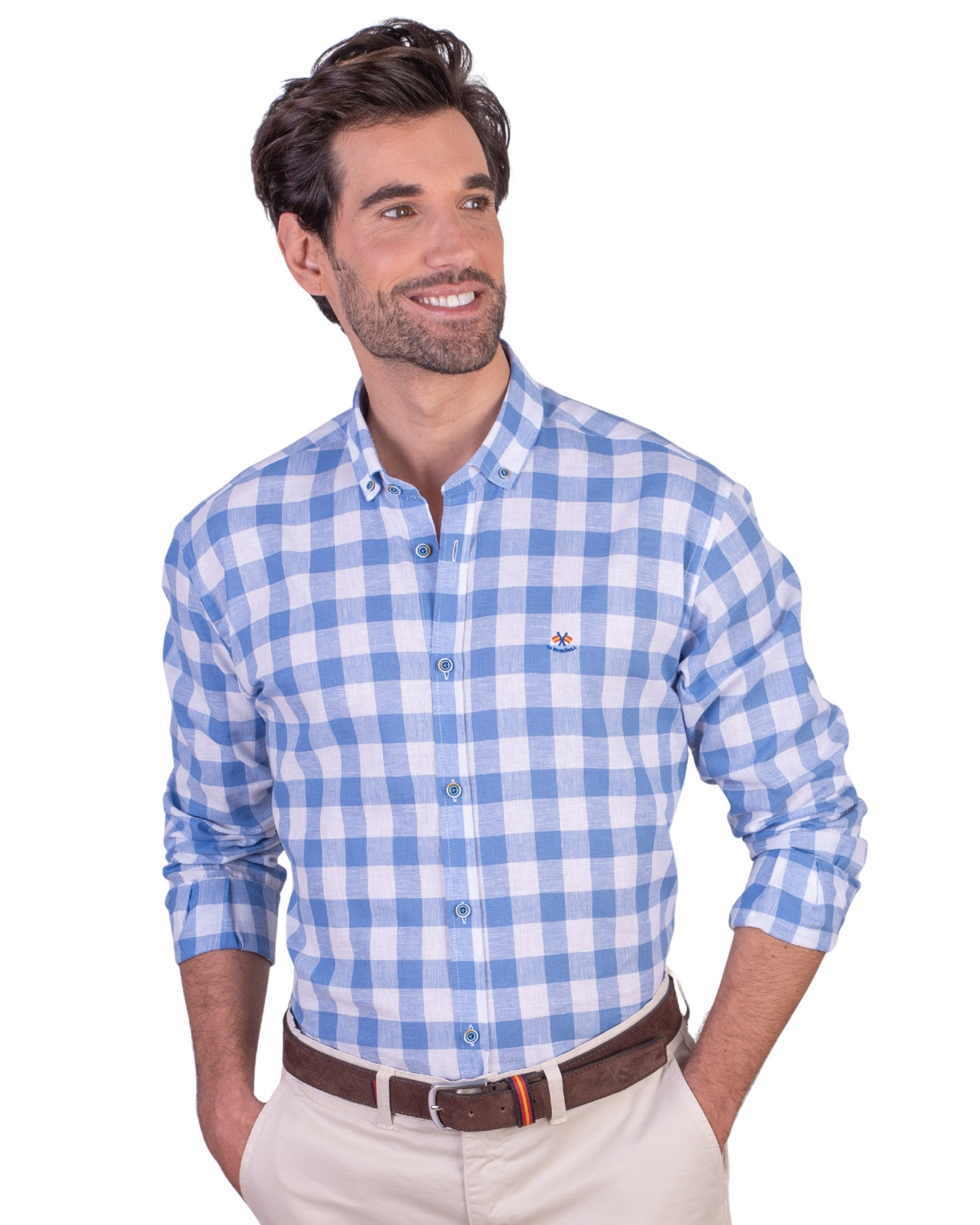 Serie 56564 Camisa cuadros lino algodón patrón cuello botón color azul