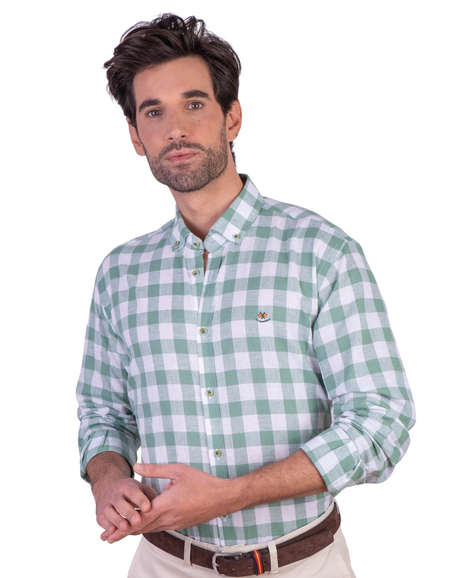 Serie 56564 Camisa cuadros lino algodón cuello botón color verde