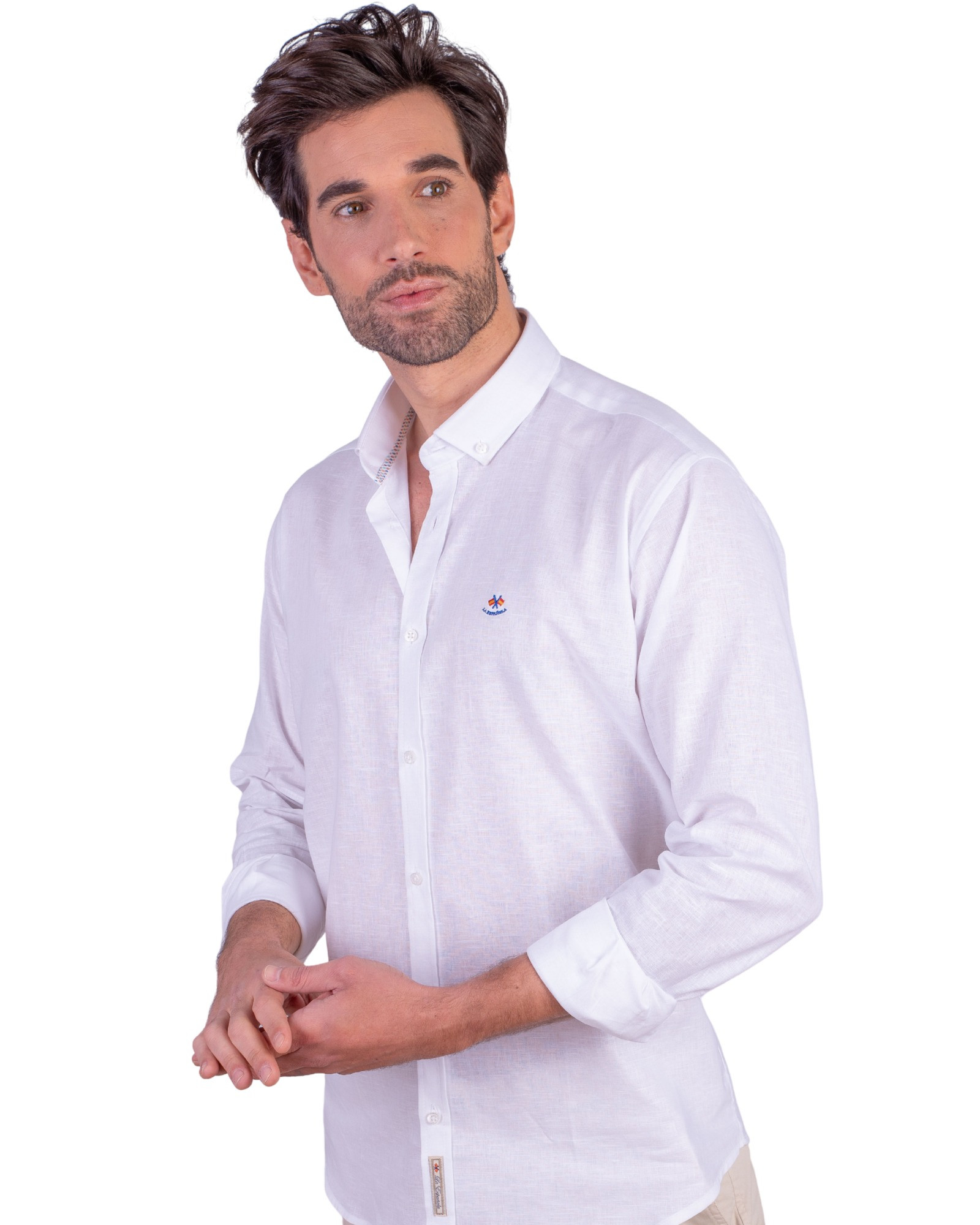 Serie 56435 Camisa lino algodón cuello botón color blanco