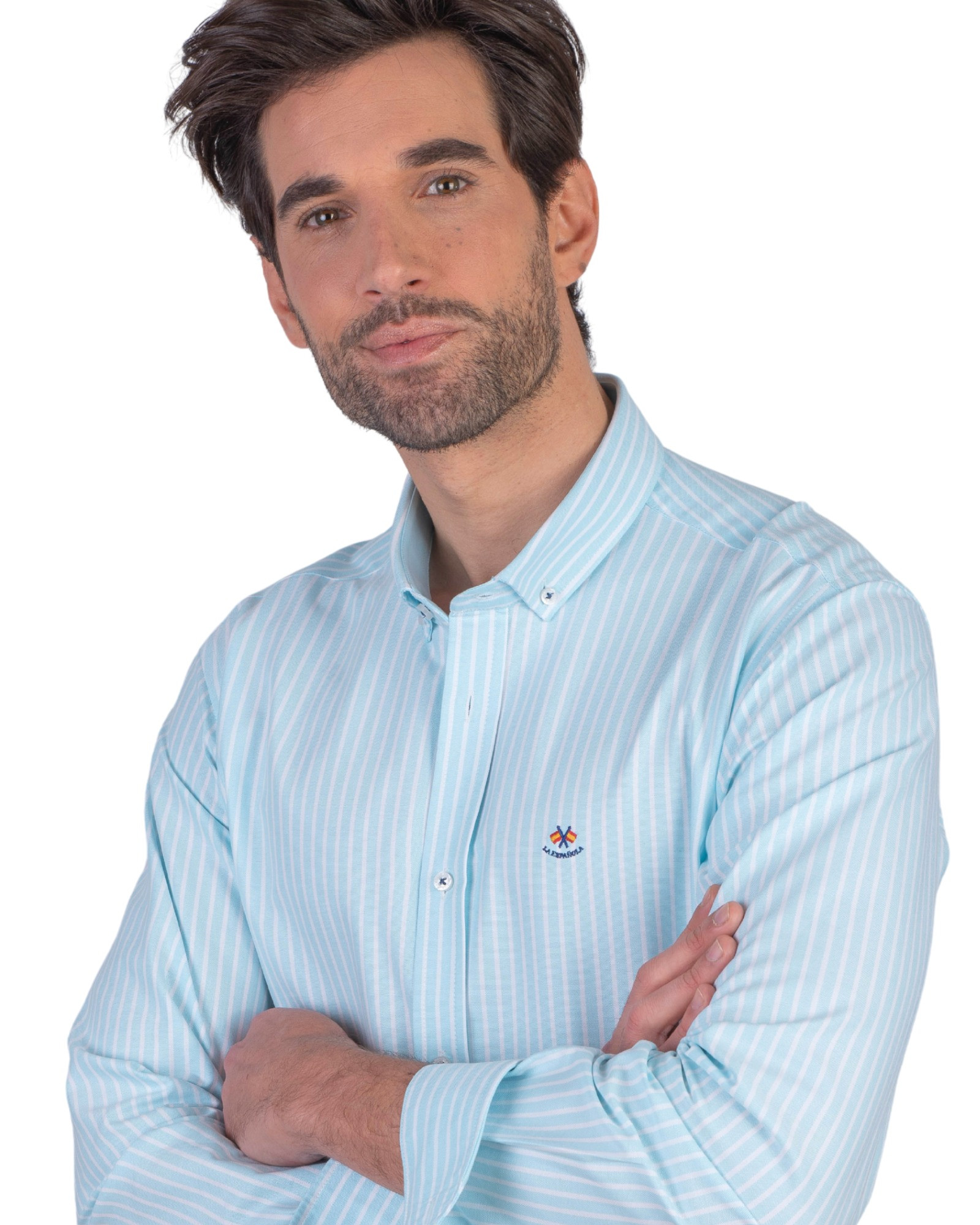 Serie 56167 Camisa Oxford rayas cuello botón color v.agua