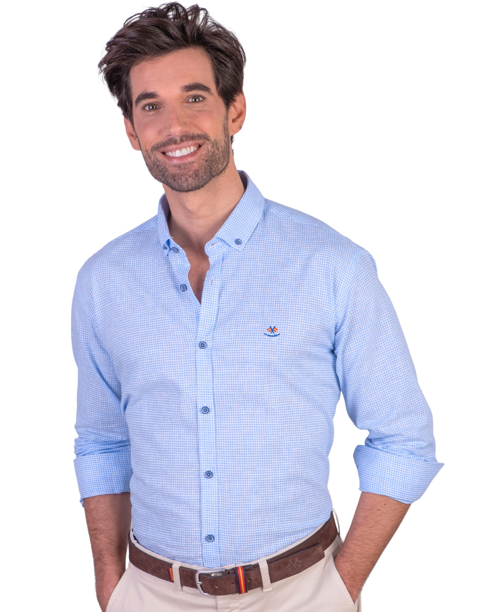 Serie 56479 Camisa cuadros lino algodón cuello botón color azul