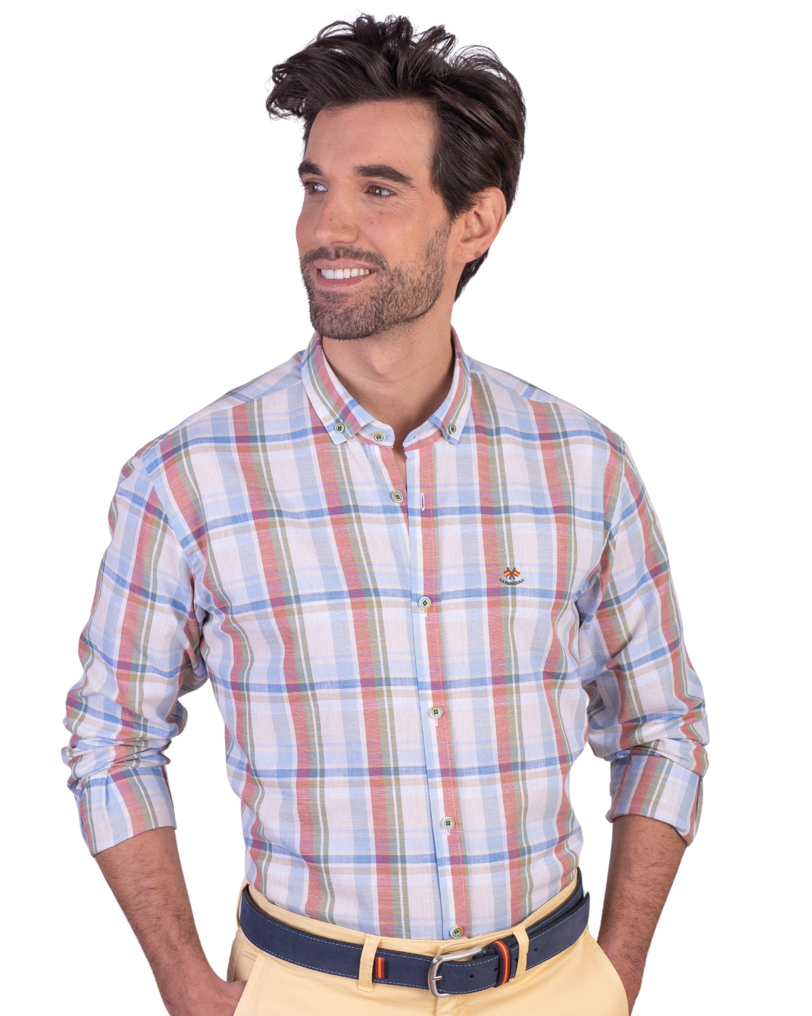 Serie 56561 Camisa cuadros algodón cuello botón color único