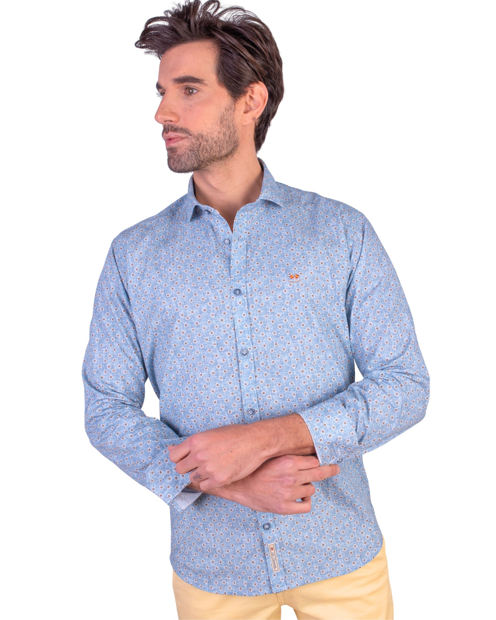 Serie 56447 Camisa algodón microestampada cuello italiano color unico