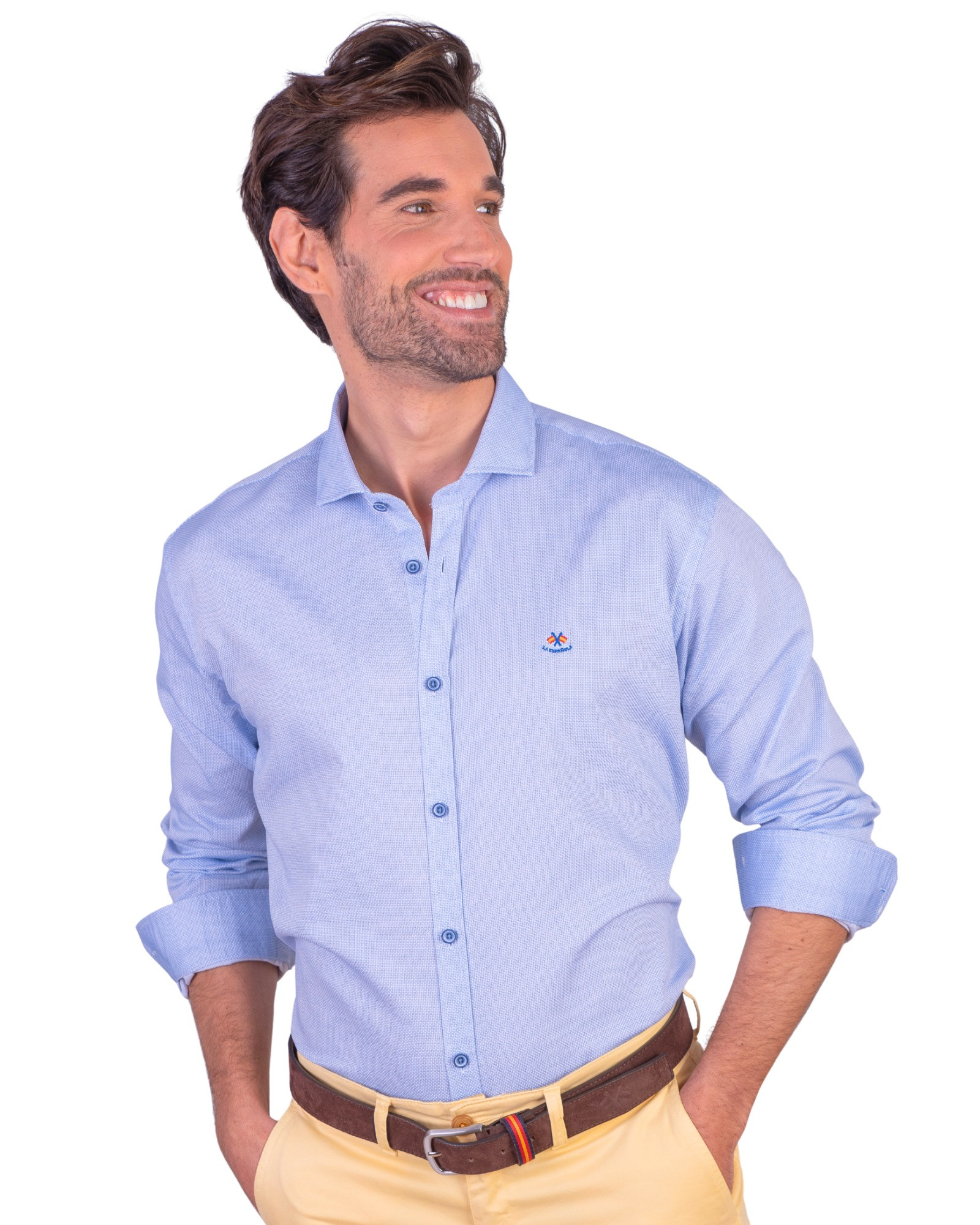 Serie 56427 Camisa falso liso algodón cuello italiano color azul