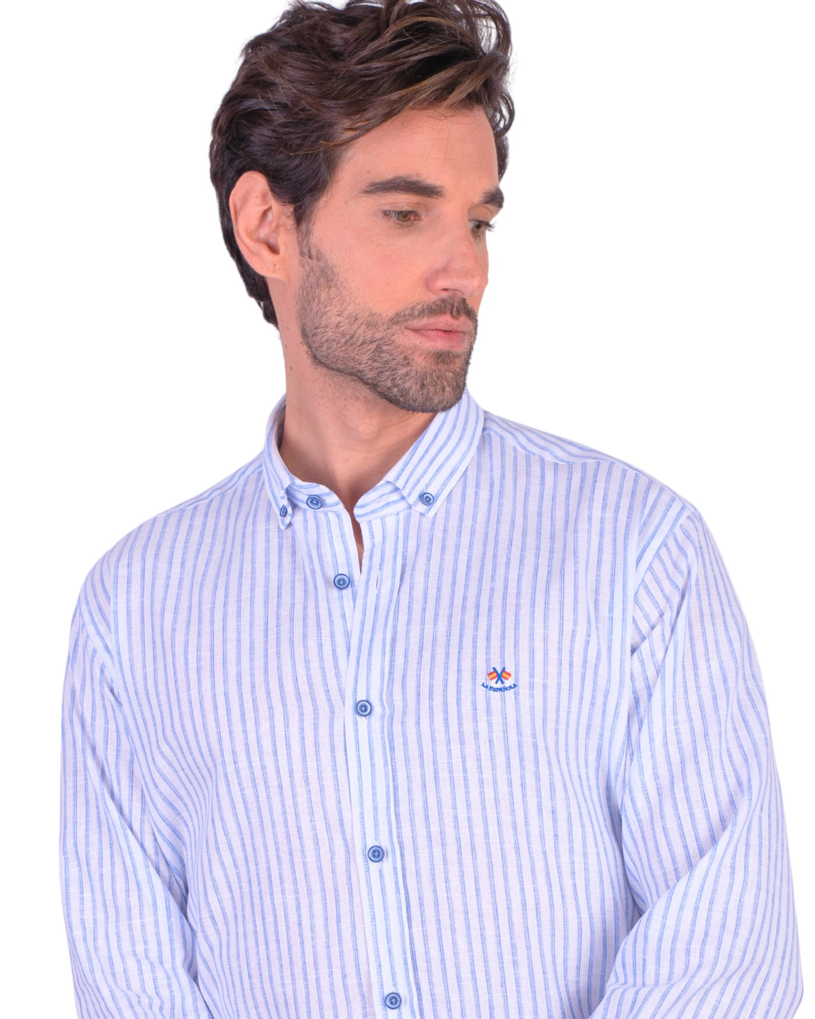 Serie 56463 Camisa algodon lino rayas cuello botón color azul