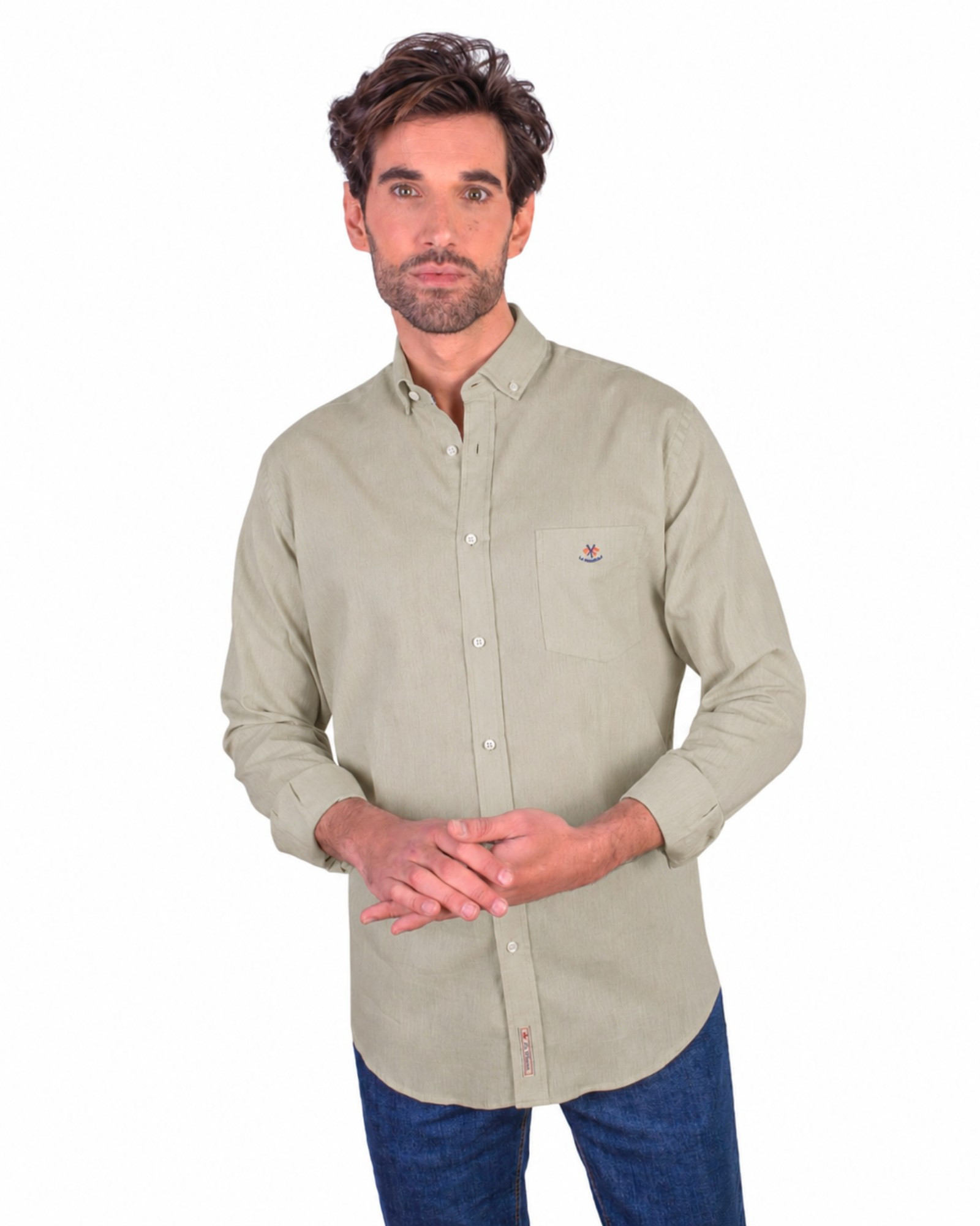 Camisa algodón lino patrón regular con bolsillo cuello botón serie 36141 verde claro