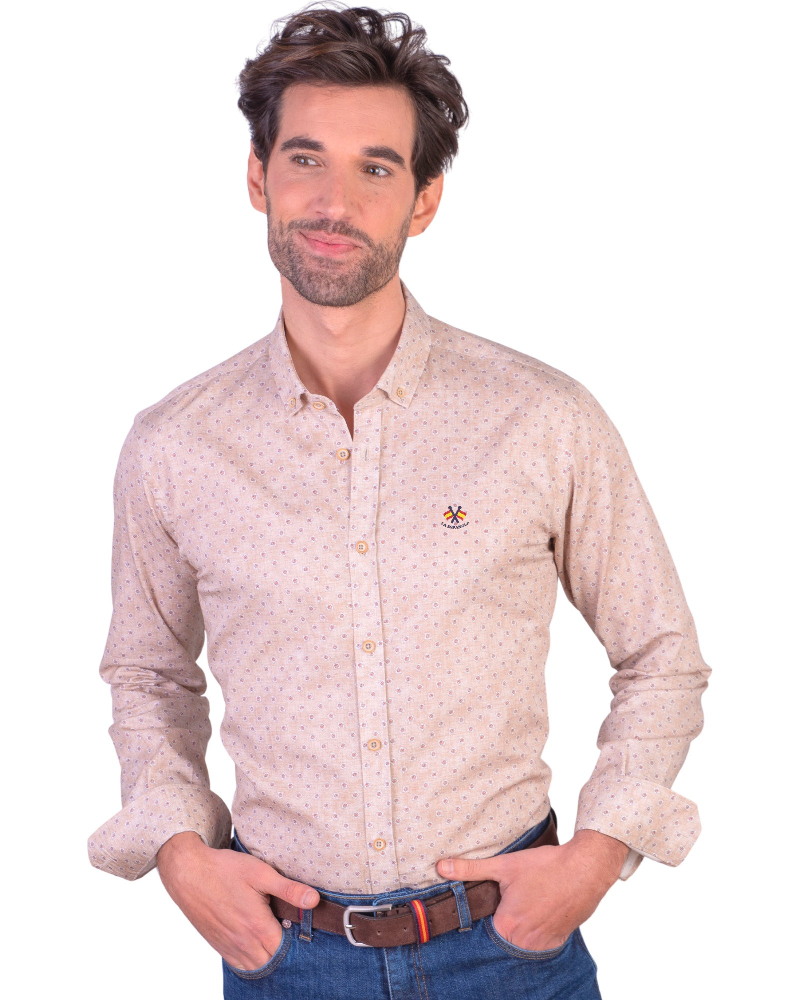 Serie 56530 Camisa microestampada 100% algodón patrón semientallado, cuello botón color 1