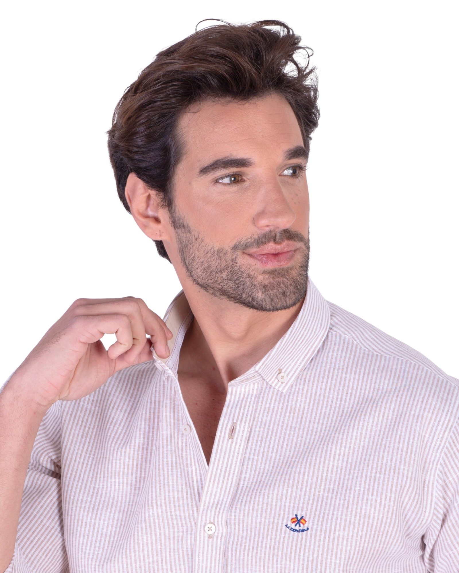 Serie 56174 Camisa algodón-lino rayas cuello botón