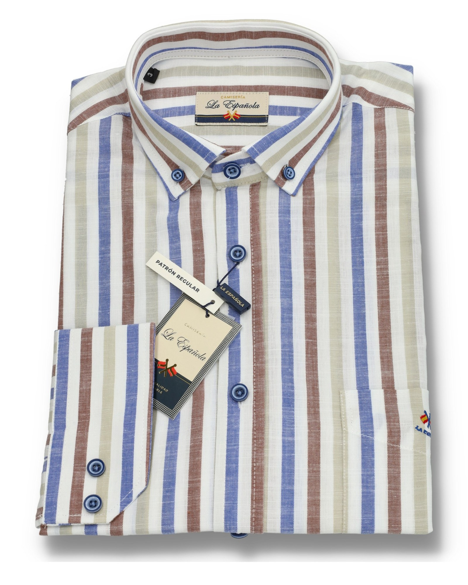Serie 36470 Camisa rayas algodón patrón regular con bolsillo con cuello botón color único
