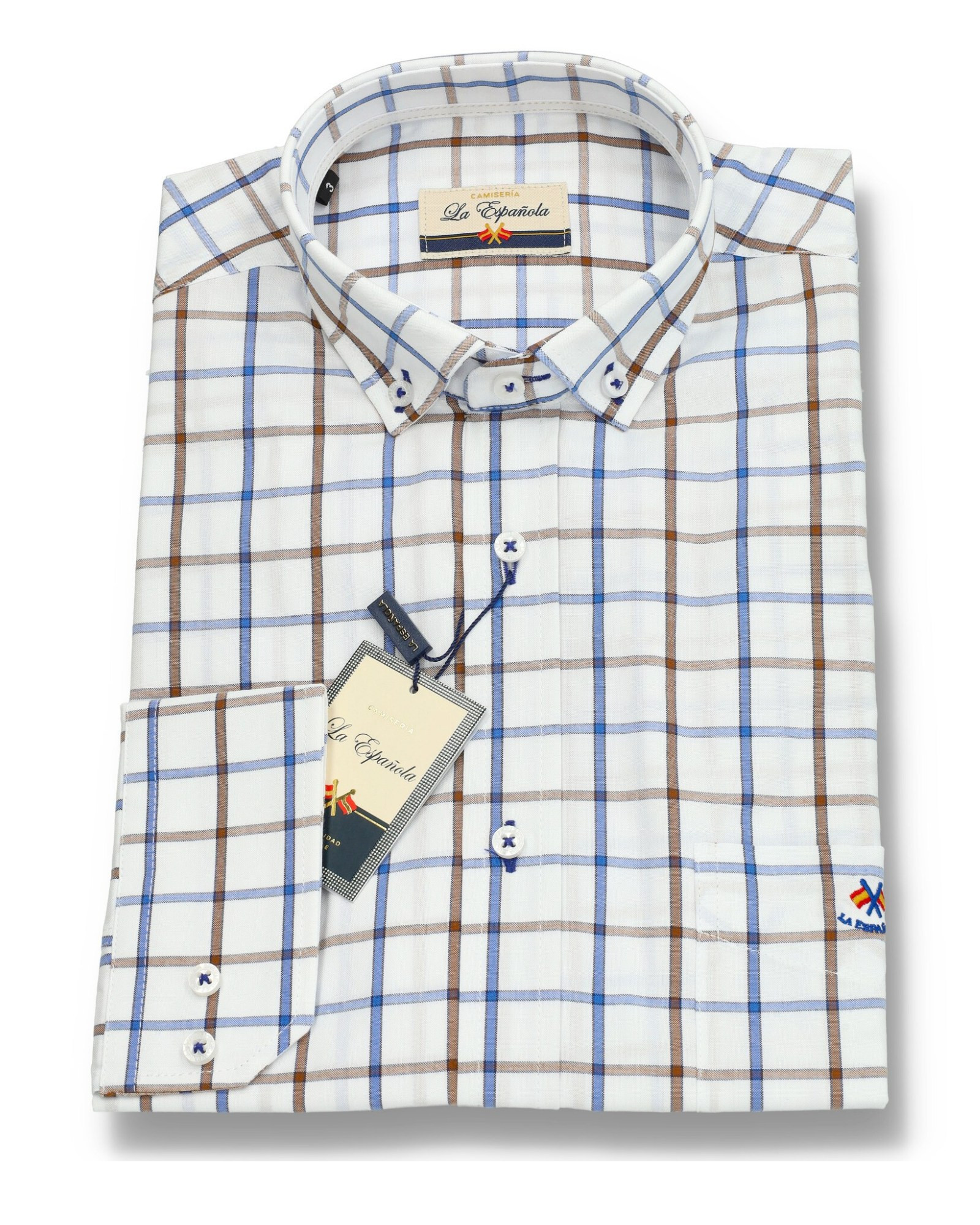 Serie 36481 Camisa cuadros algodón patrón regular con bolsillo con cuello botón color único