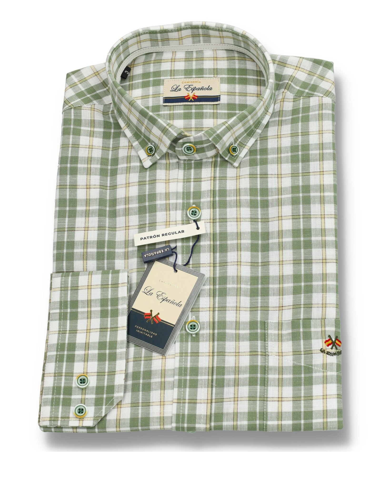 Serie 36562 Camisa cuadros algodón patrón regular con bolsillo con cuello botón color único