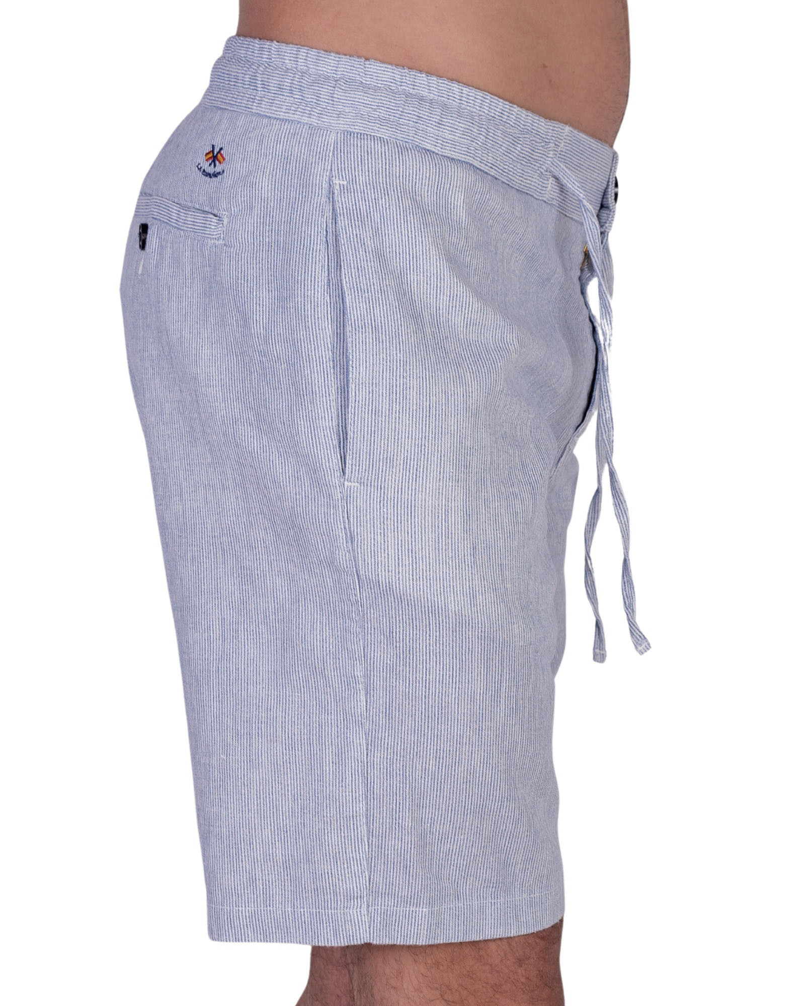 Serie 10977 Pantalón bermuda gomas algodon lino rayas color 1 azul