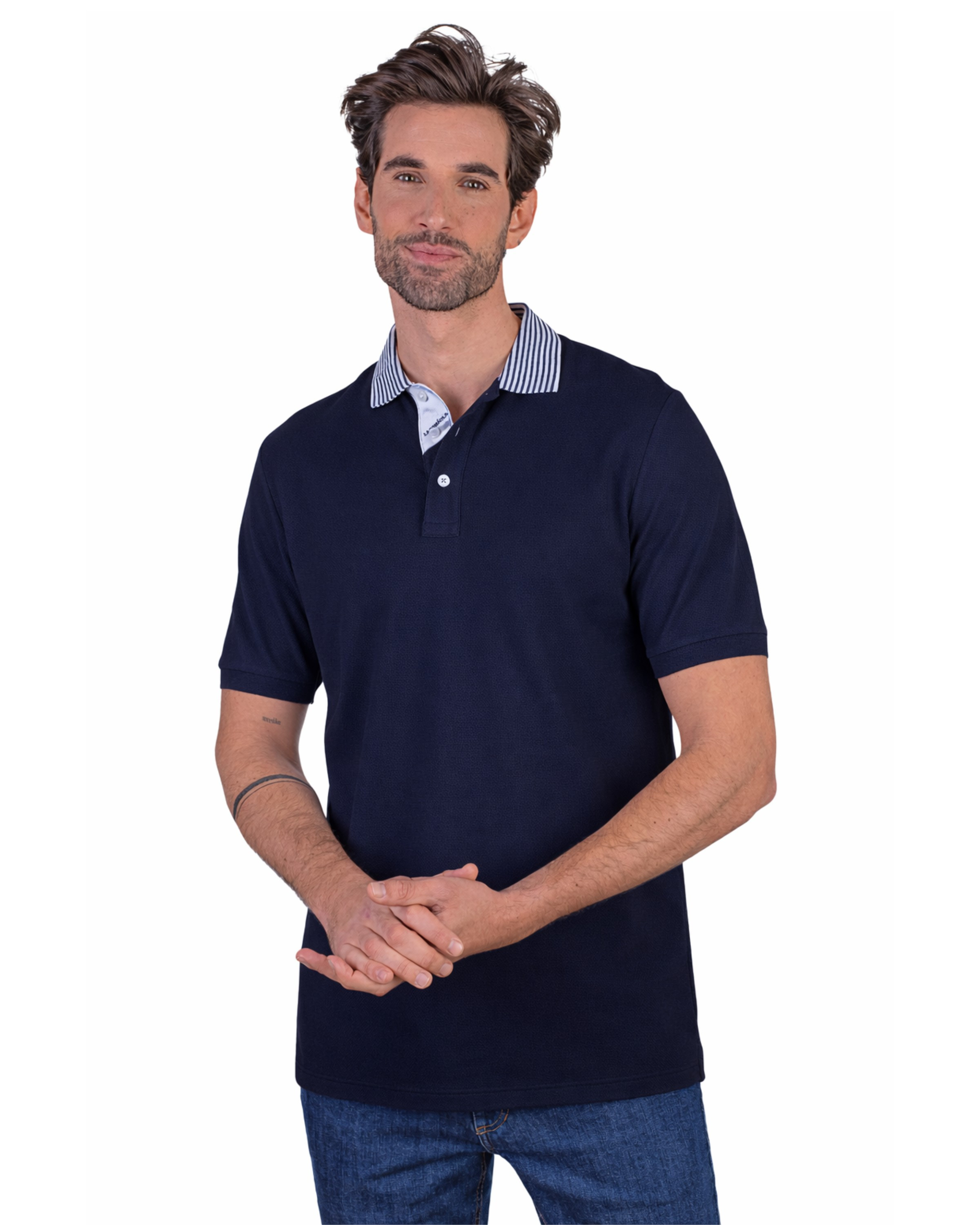 Serie 10953 Polo manga corta liso granito cuello combinado color azul marino