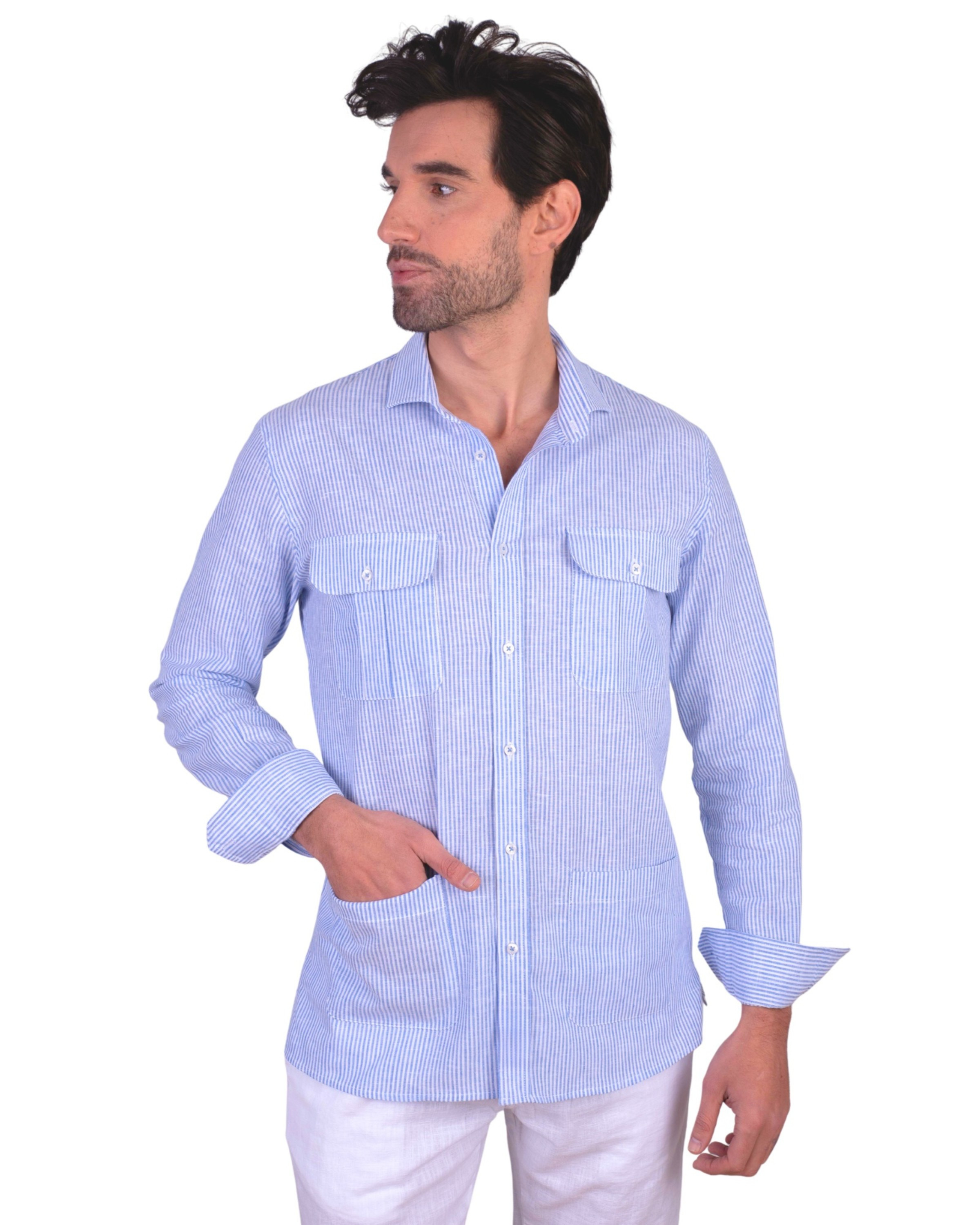 Serie 76486 Camisa tipo cubana rayas lino-algodón color celeste