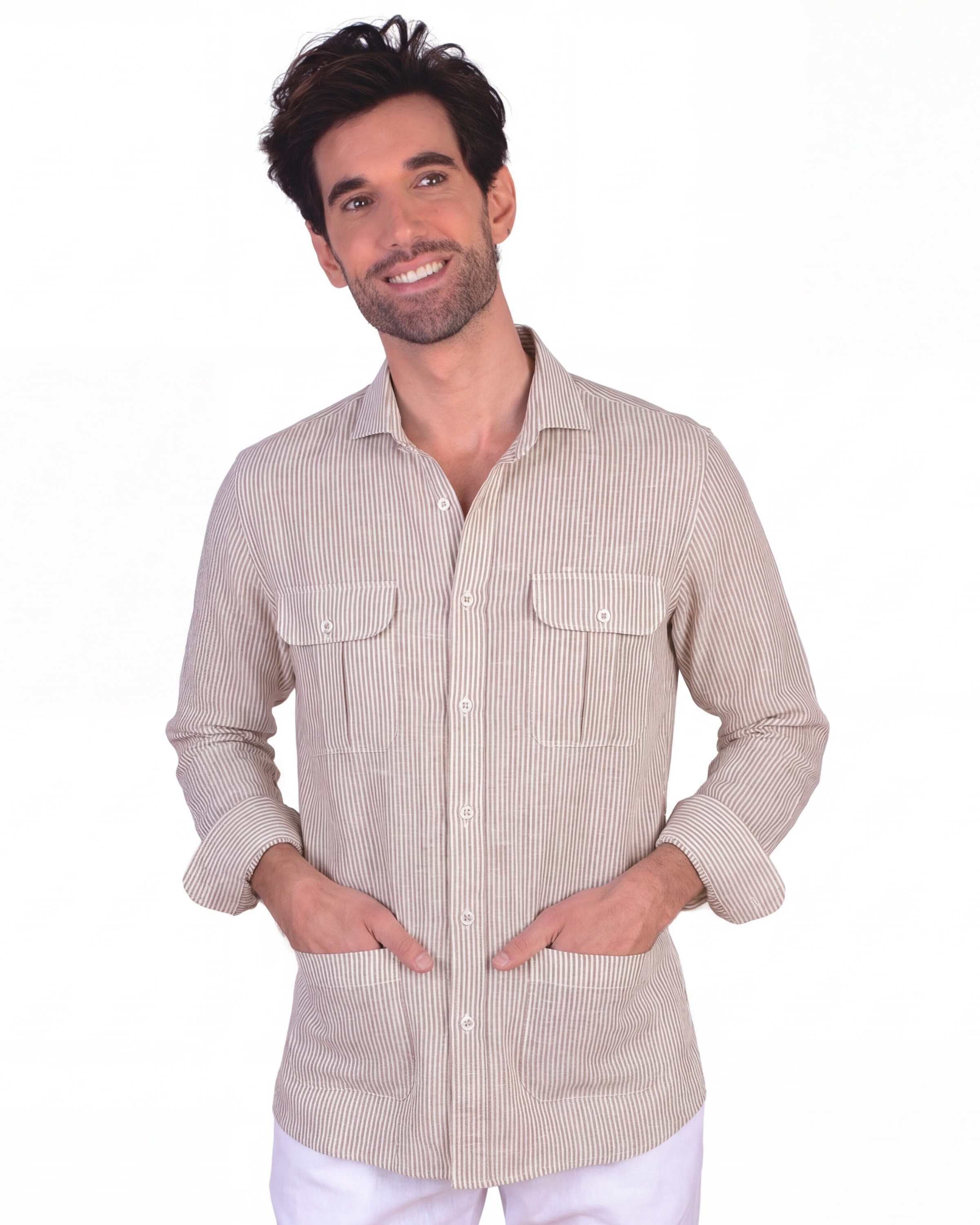 Serie 76486 Camisa tipo cubana rayas lino-algodón color beige