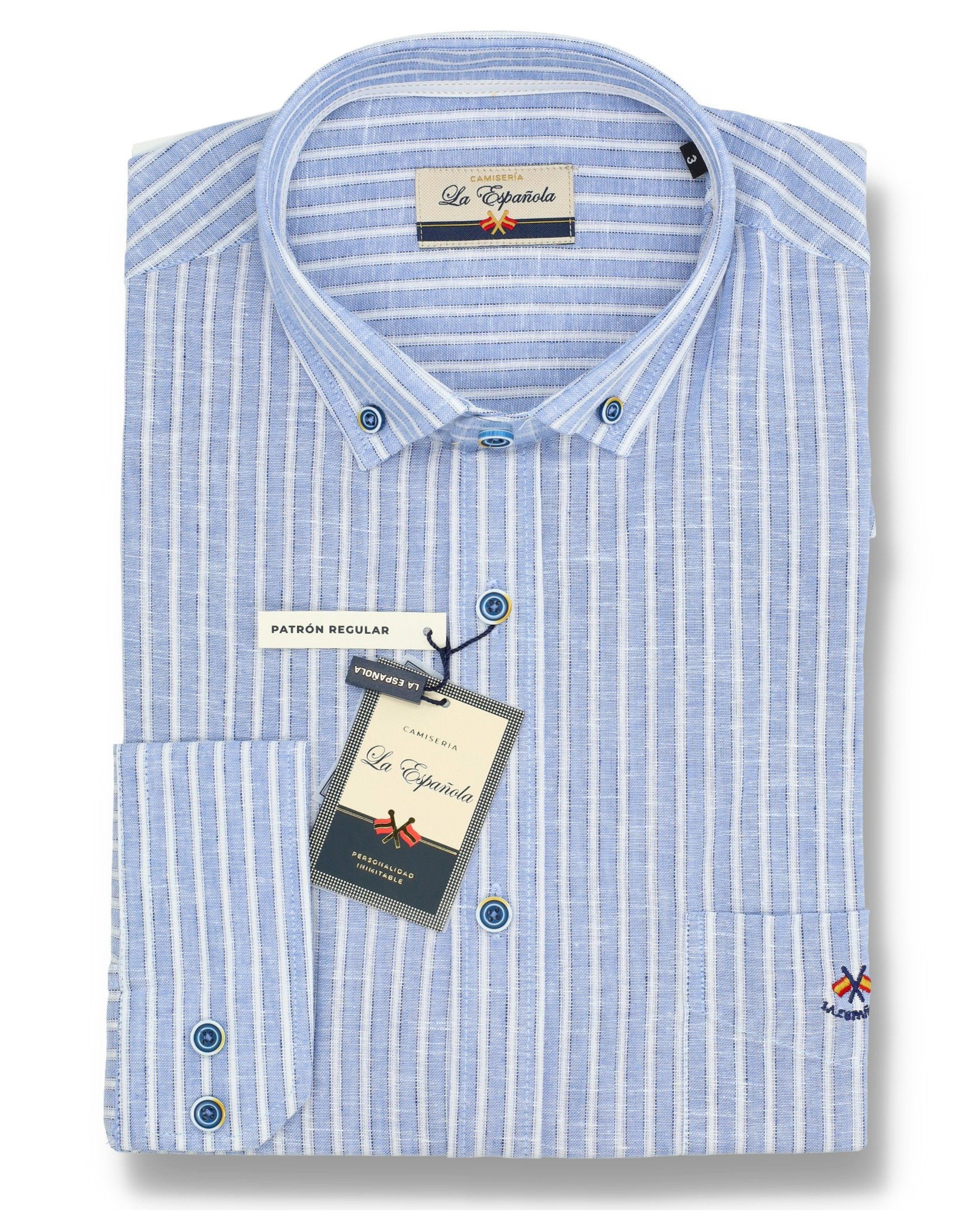 Serie 36462 Camisa rayas algodón lino patrón regular con bolsillo con cuello botón color único
