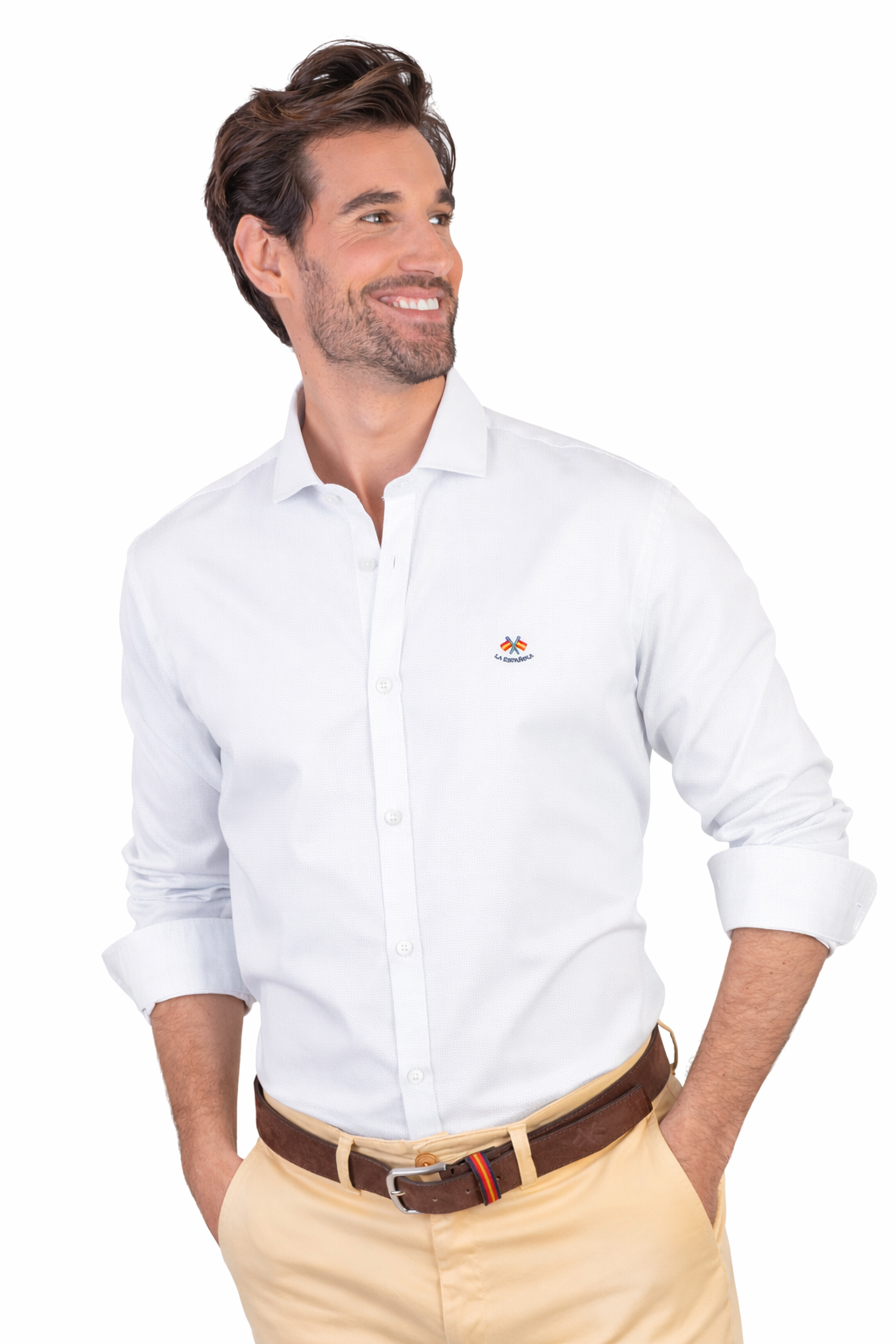 Serie 56427 Camisa falso liso algodón cuello italiano color blanco