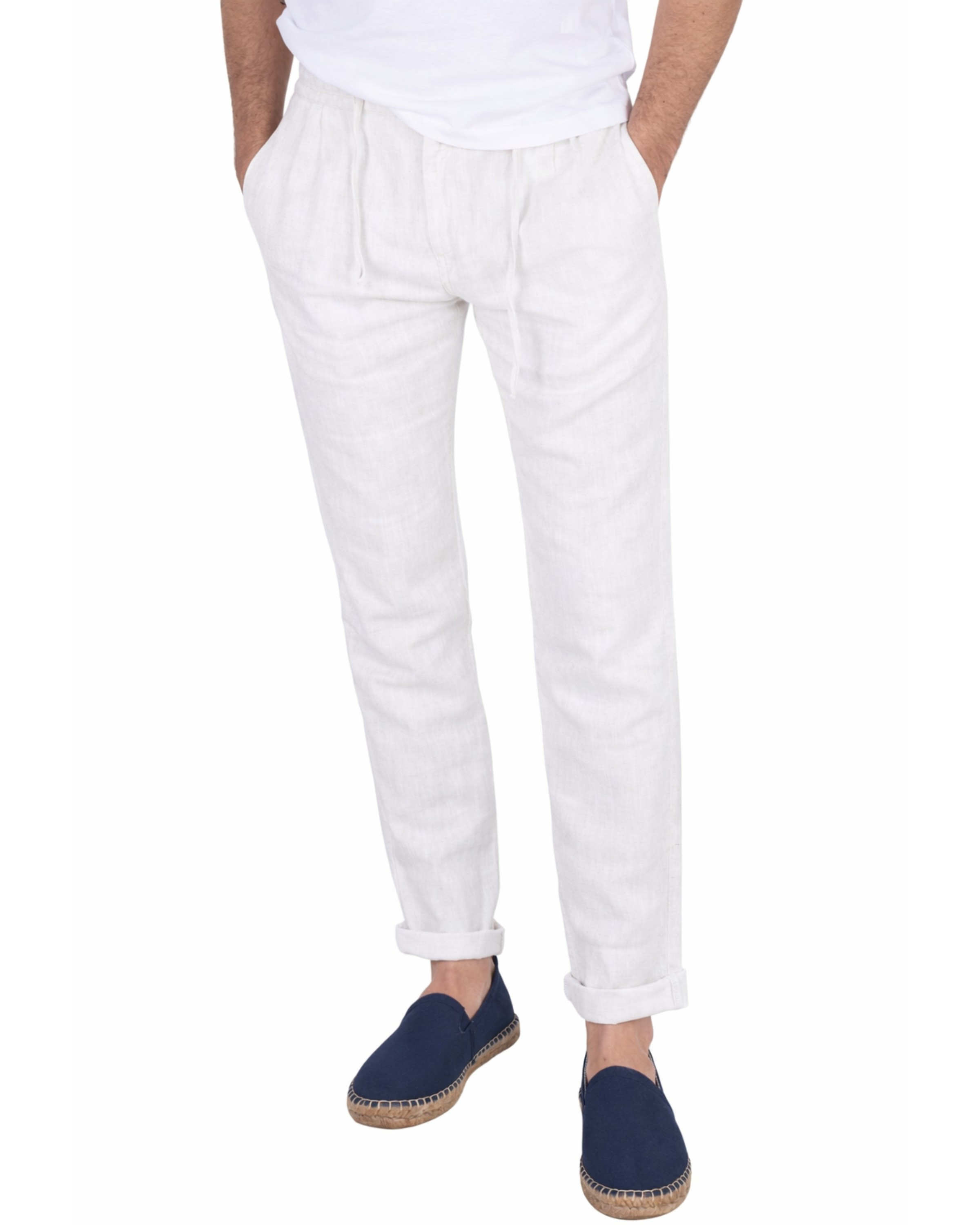 Serie 10892 Pantalón lino con goma y cordón color blanco 1