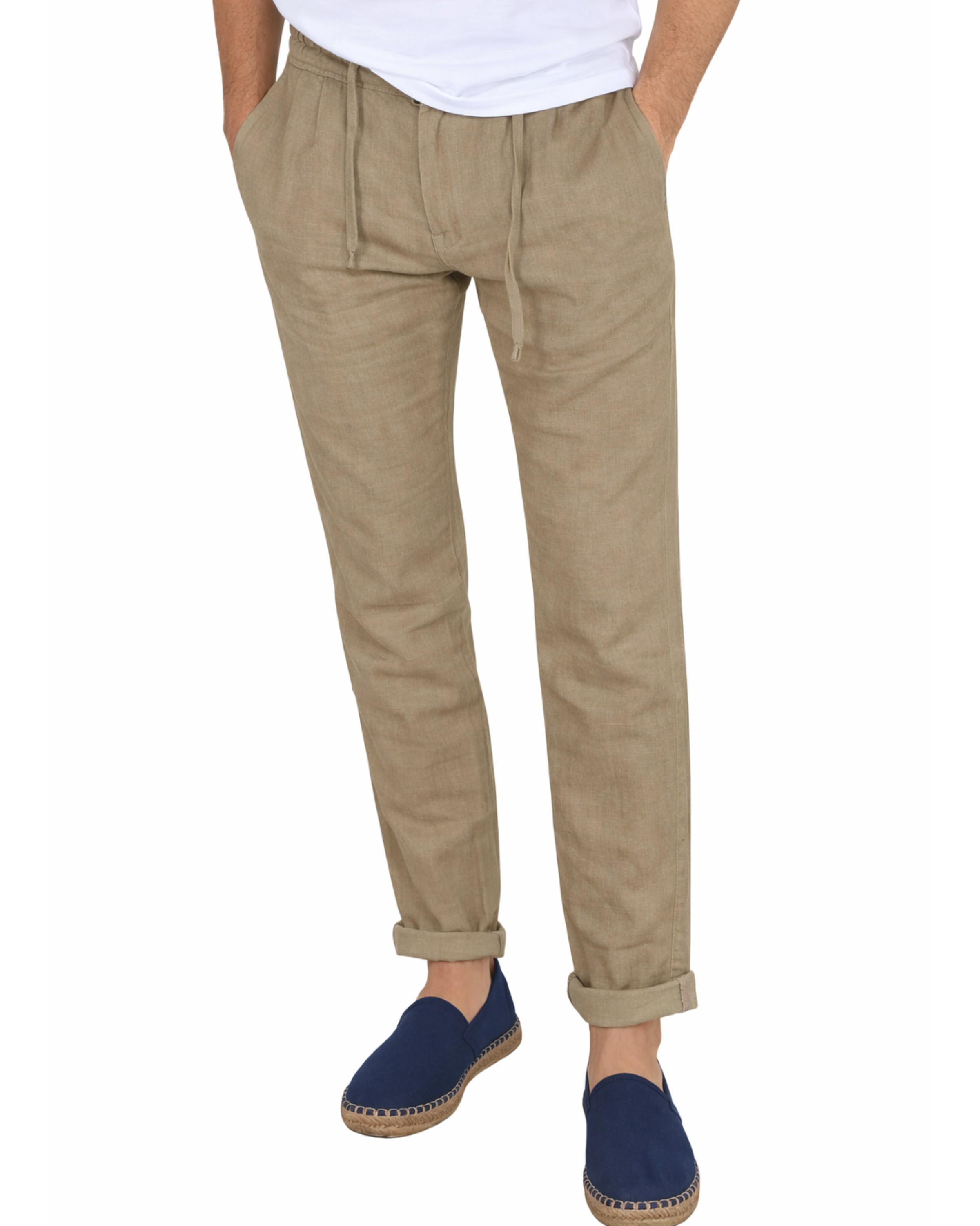 Pantalón lino con goma y cordón beige serie 10892
