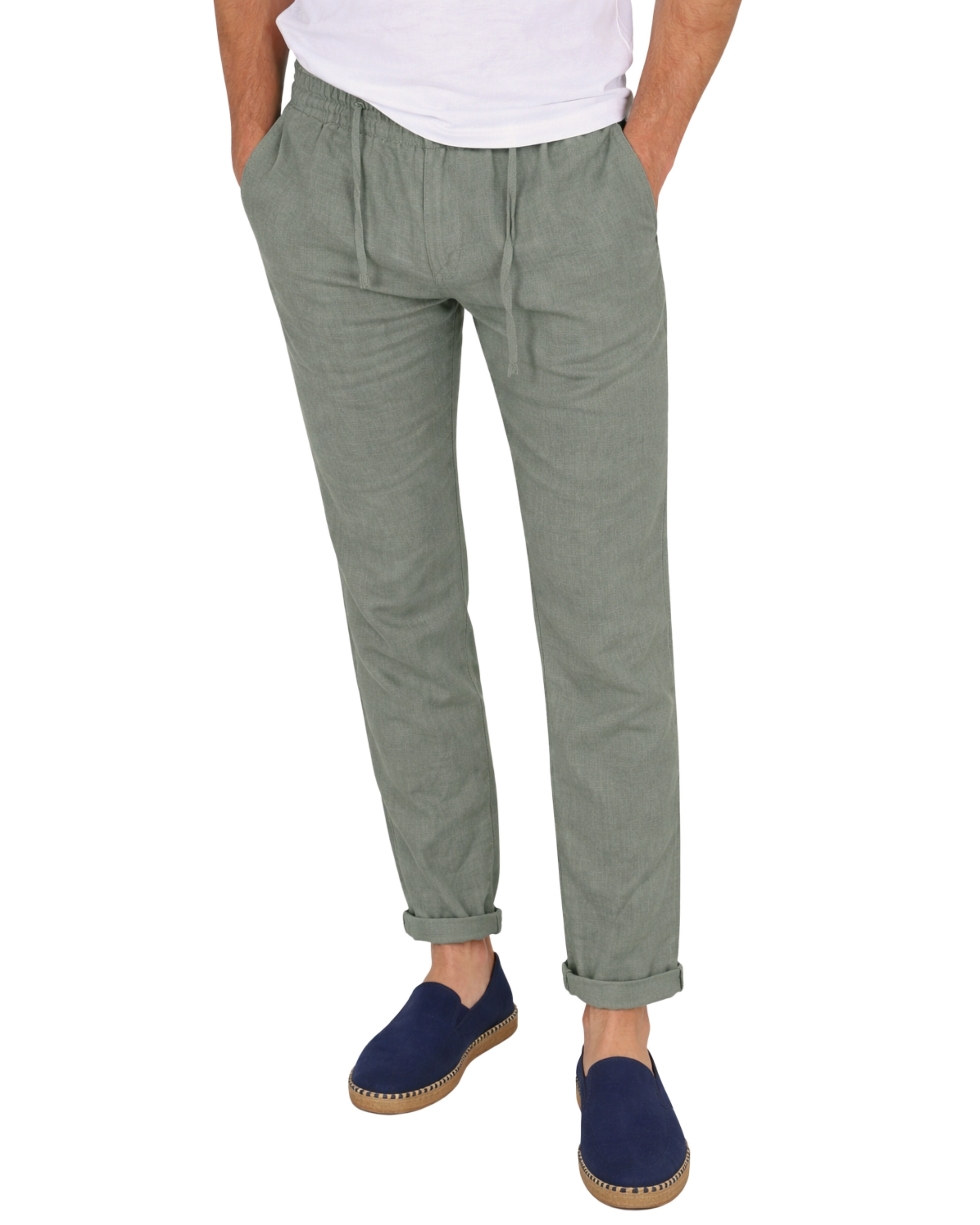 Serie 10892 Pantalón lino con goma y cordón color verde hierba 35