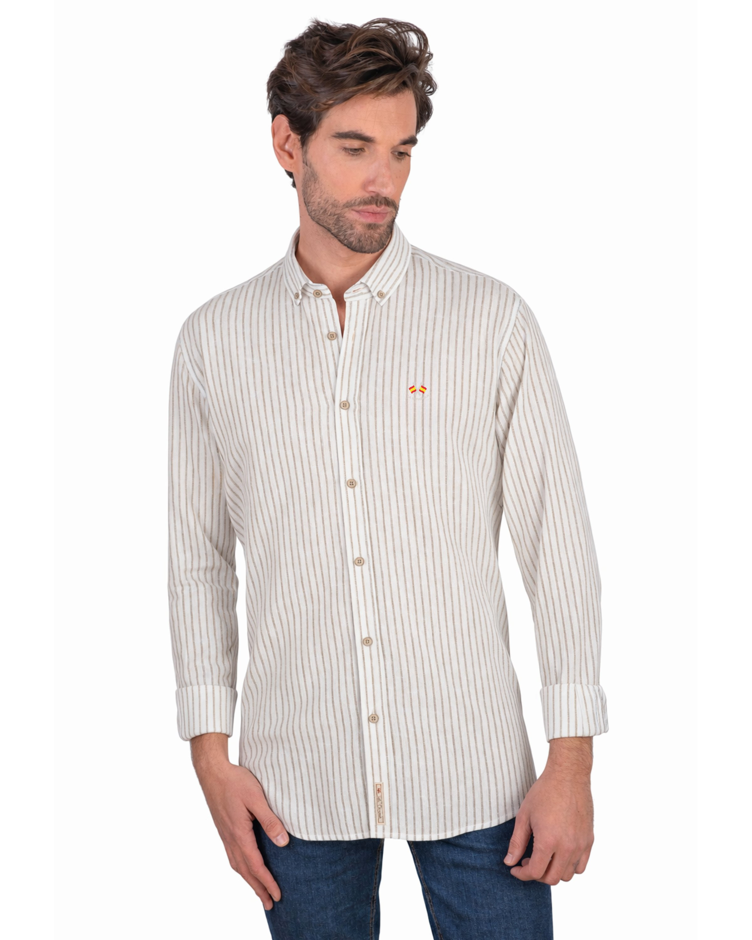 Camisa rayas lino algodón cuello botón serie 56463 tostádo