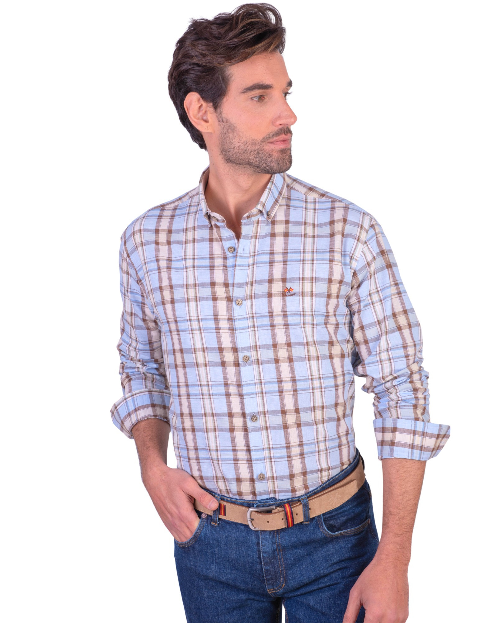 Serie 56474 Camisa algodón cuadros cuello botón color único