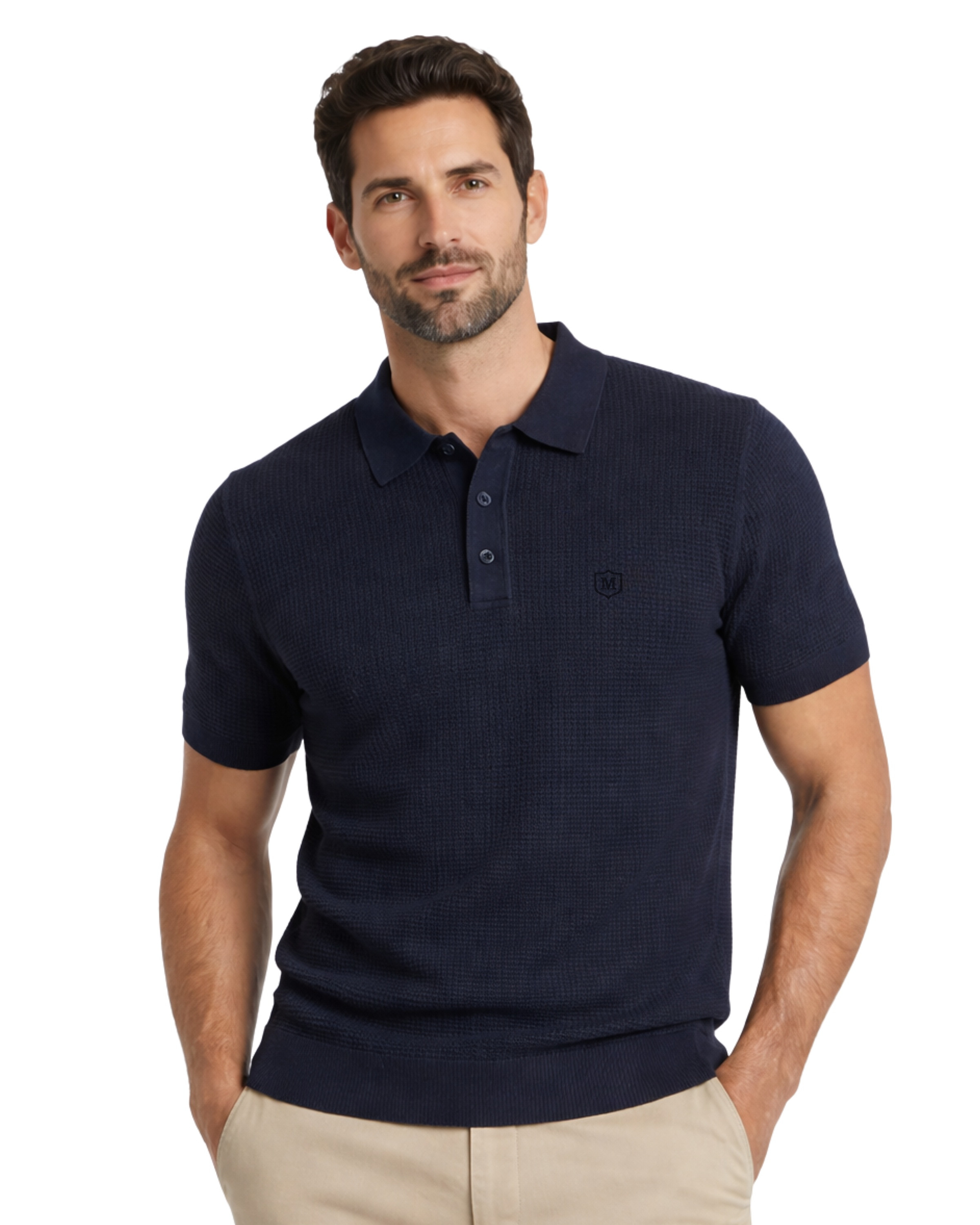 Serie 404 Suéter cuello polo botones tricotosa color azul marino