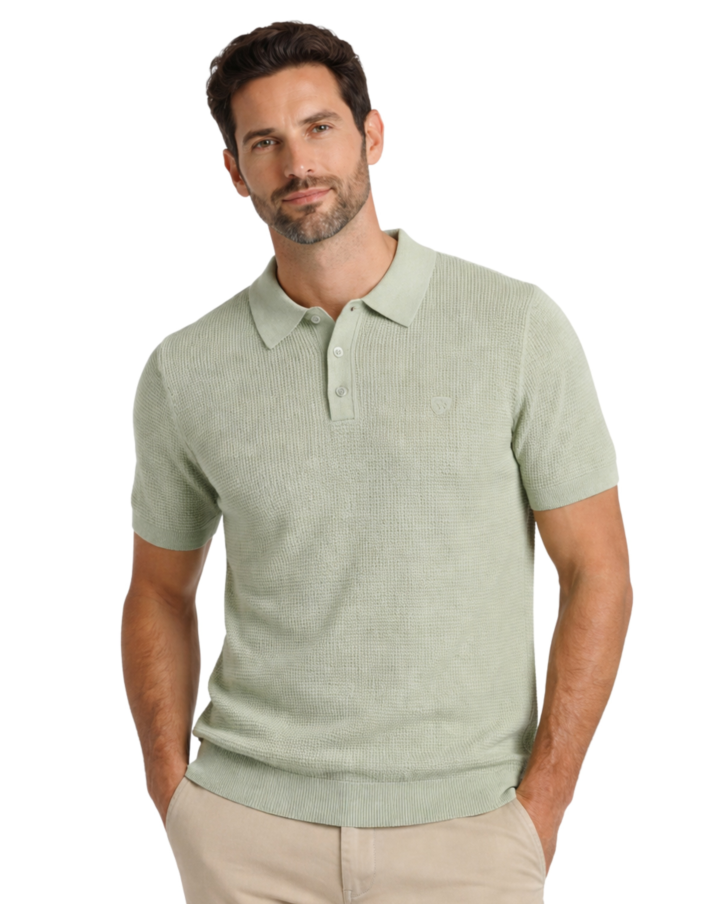 Serie 404 Suéter cuello polo botones tricotosa color verde